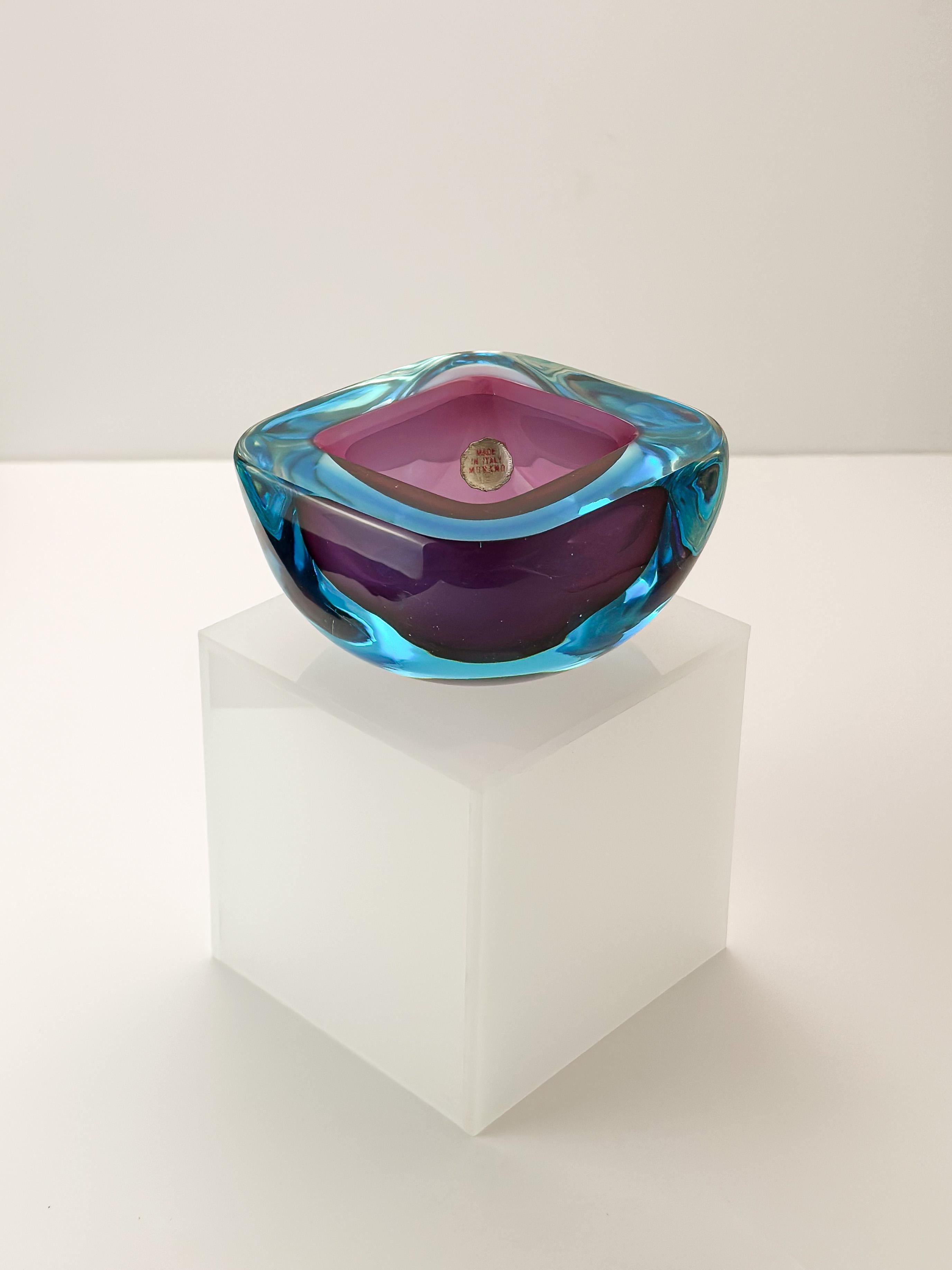 Hand-Crafted Archimede Seguso Murano Glass Bowl Turquoise Purple Sommerso Geode