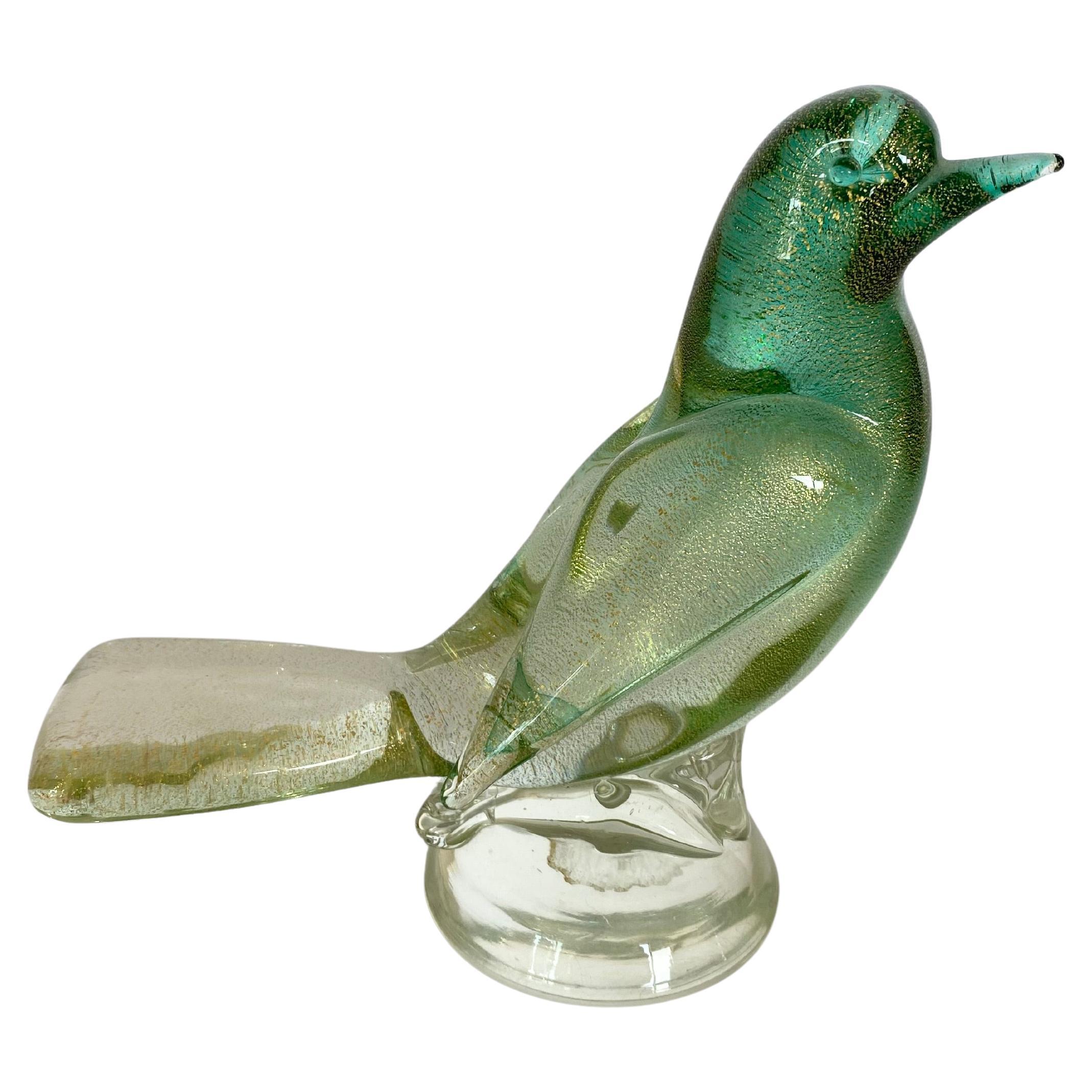 ARCHIMEDE SEGUSO Murano Glass GOLD SOMMERSO Green Verde BIRD on Pedestal Base in vendita