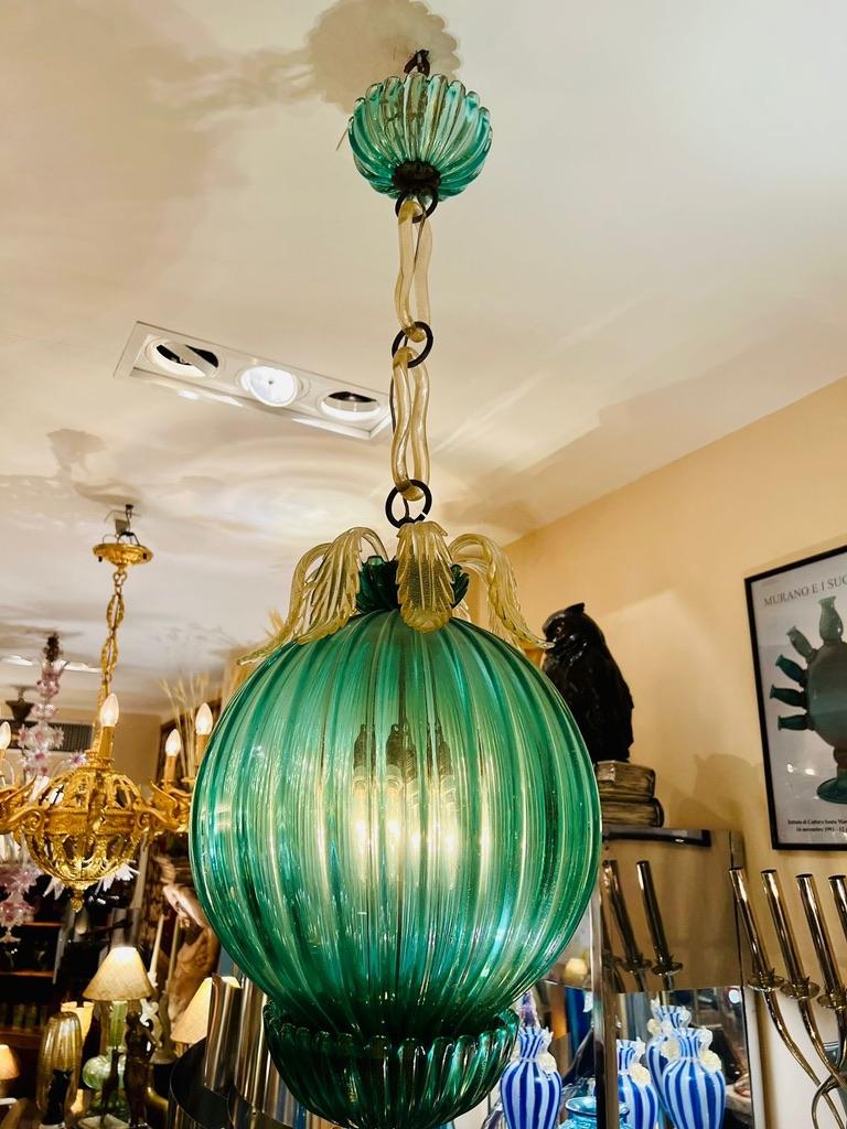 Incroyable et rare lustre CIRCA SEGUSO en verre de Murano vert émeraude 