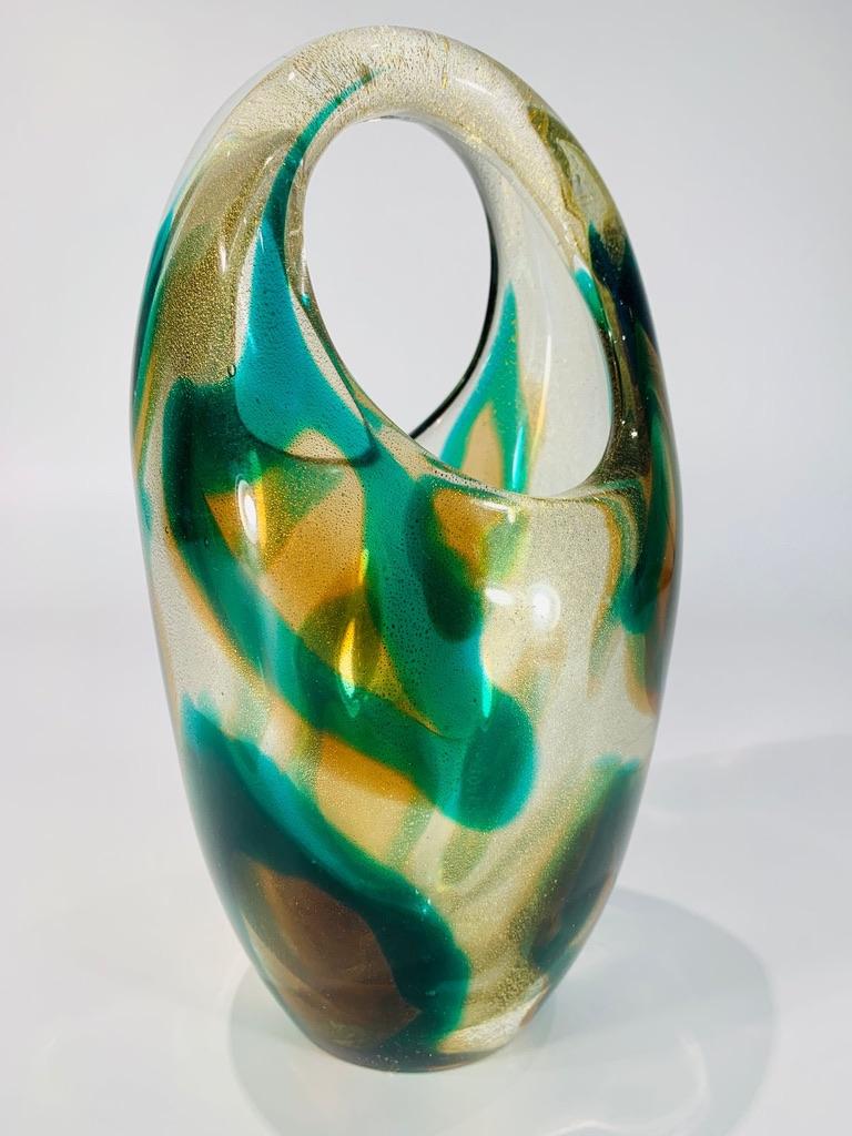 Mid-20th Century Archimede Seguso Murano glass 'Macchia ambra verde furato' circa 1950 vase. For Sale