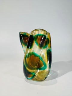 Archimede Seguso Murano glass "Macchia ambra verde retorto" with gold 1952 vase.