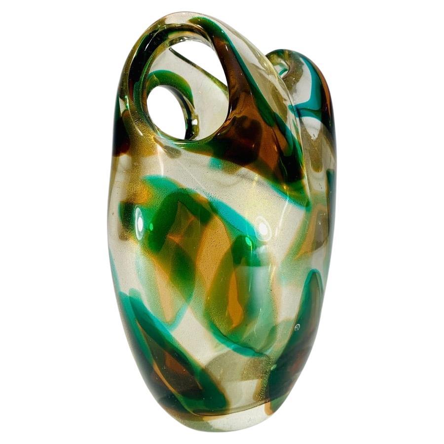 Archimede Seguso Murano glass "Macchia ambra verde" with gold 1952 vase. For Sale
