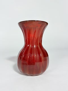 Archimede Seguso Murano Glass Vase Red Gold Leaf Venetian 1950s