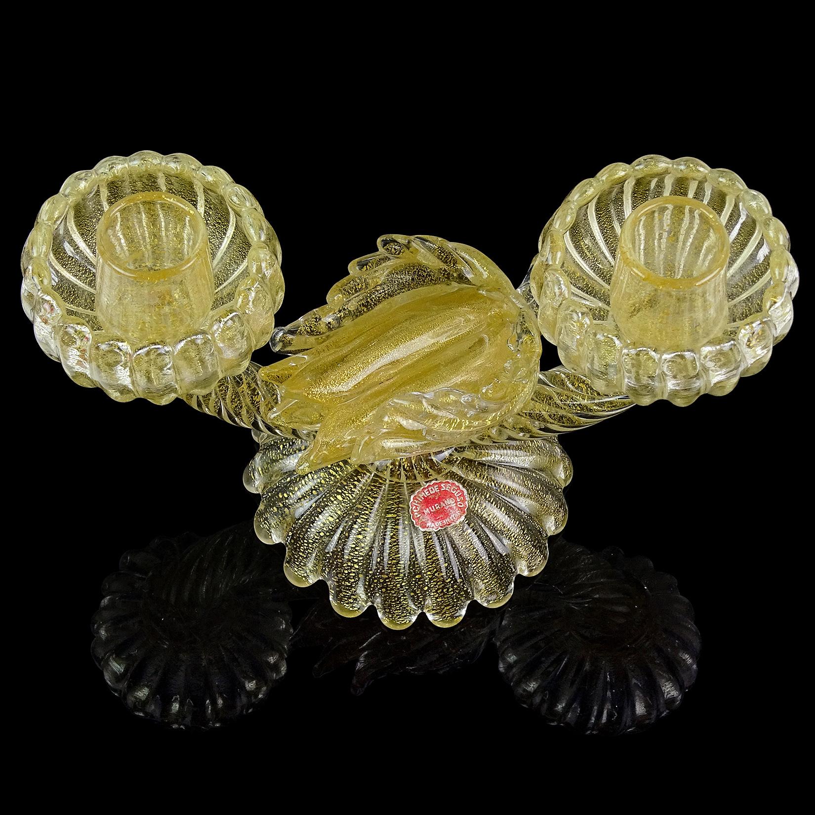 20th Century Archimede Seguso Murano Gold Flecks Flower Italian Art Glass Double Candlestick For Sale