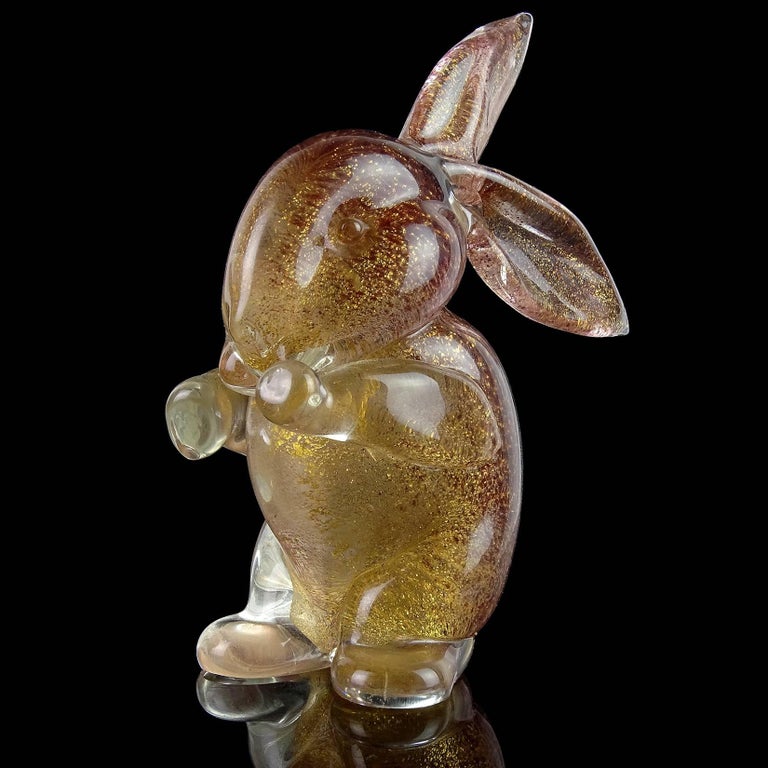 Hand-Crafted Archimede Seguso Murano Gold Flecks Italian Art Glass Bunny Rabbit Figurines For Sale