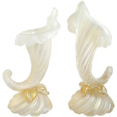 Archimede Seguso Murano Gold Flecks Opal White Italian Art Glass Vase Set