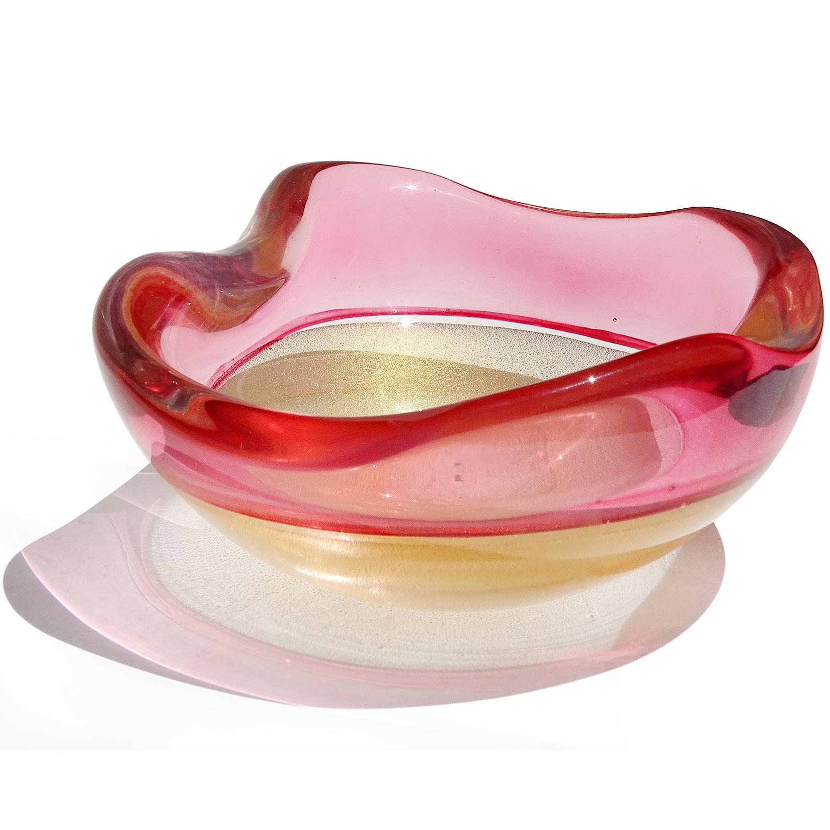 Mid-Century Modern Archimede Seguso Murano Gold Flecks Pink Incalmo Rim Italian Art Glass Bowl