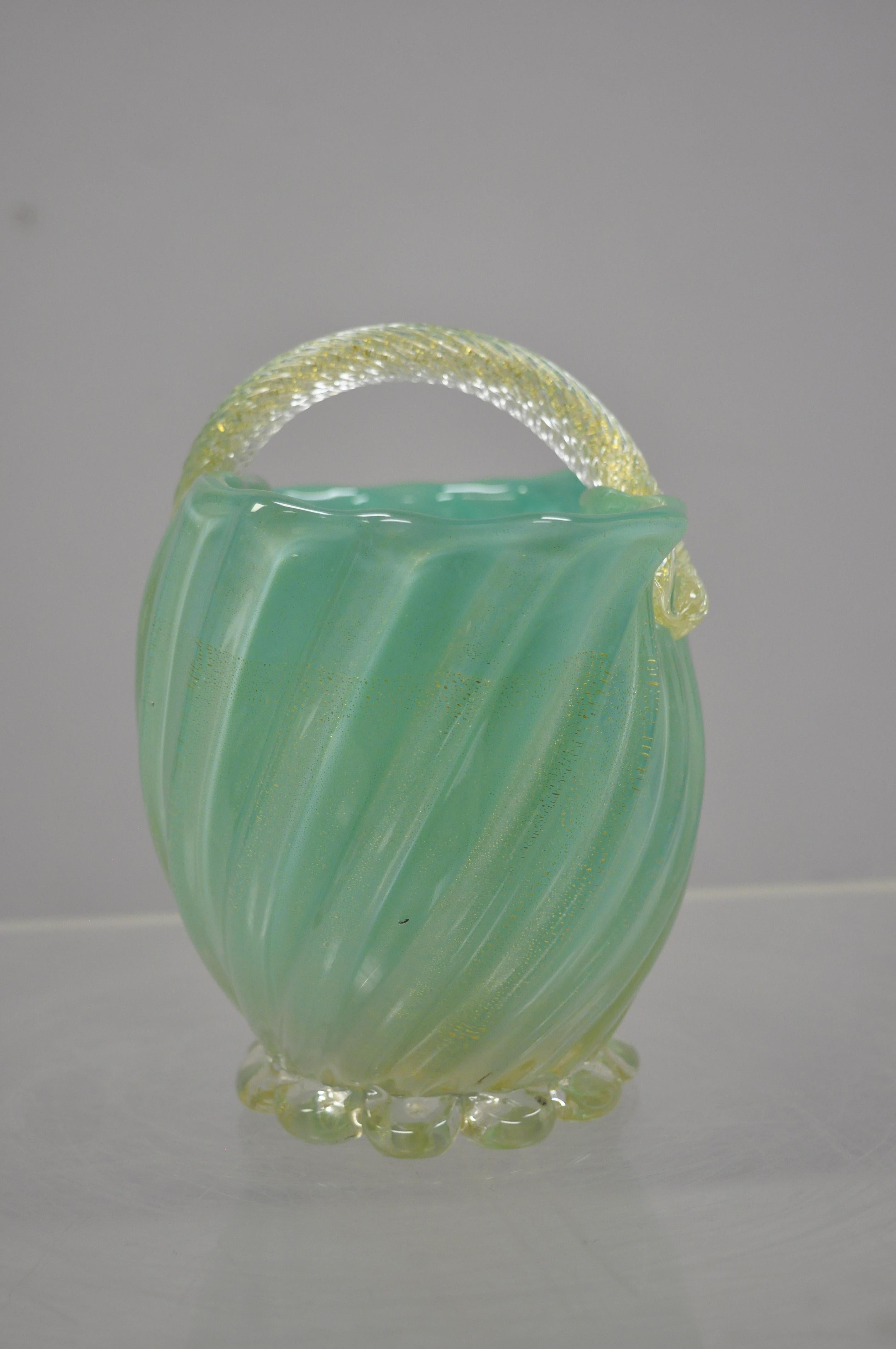 Archimede Seguso Murano Gold Flecks Teal Blue Gold Flecks Glass Basket Vase 4