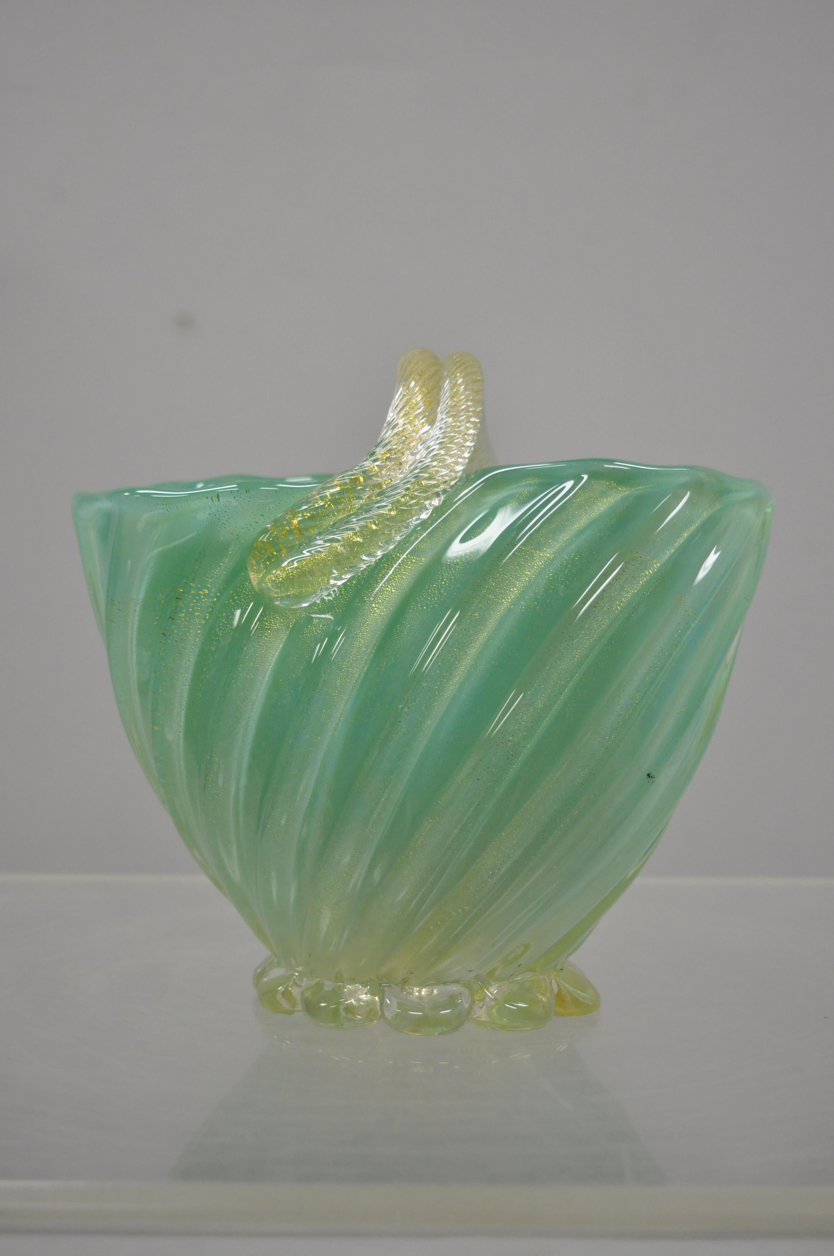 Archimede Seguso Murano Gold Flecks Teal Blue Gold Flecks Glass Basket Vase 1