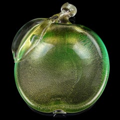 Archimede Seguso Murano Green Gold Fleck Italian Art Glass Apple Fruit Bowl Dish