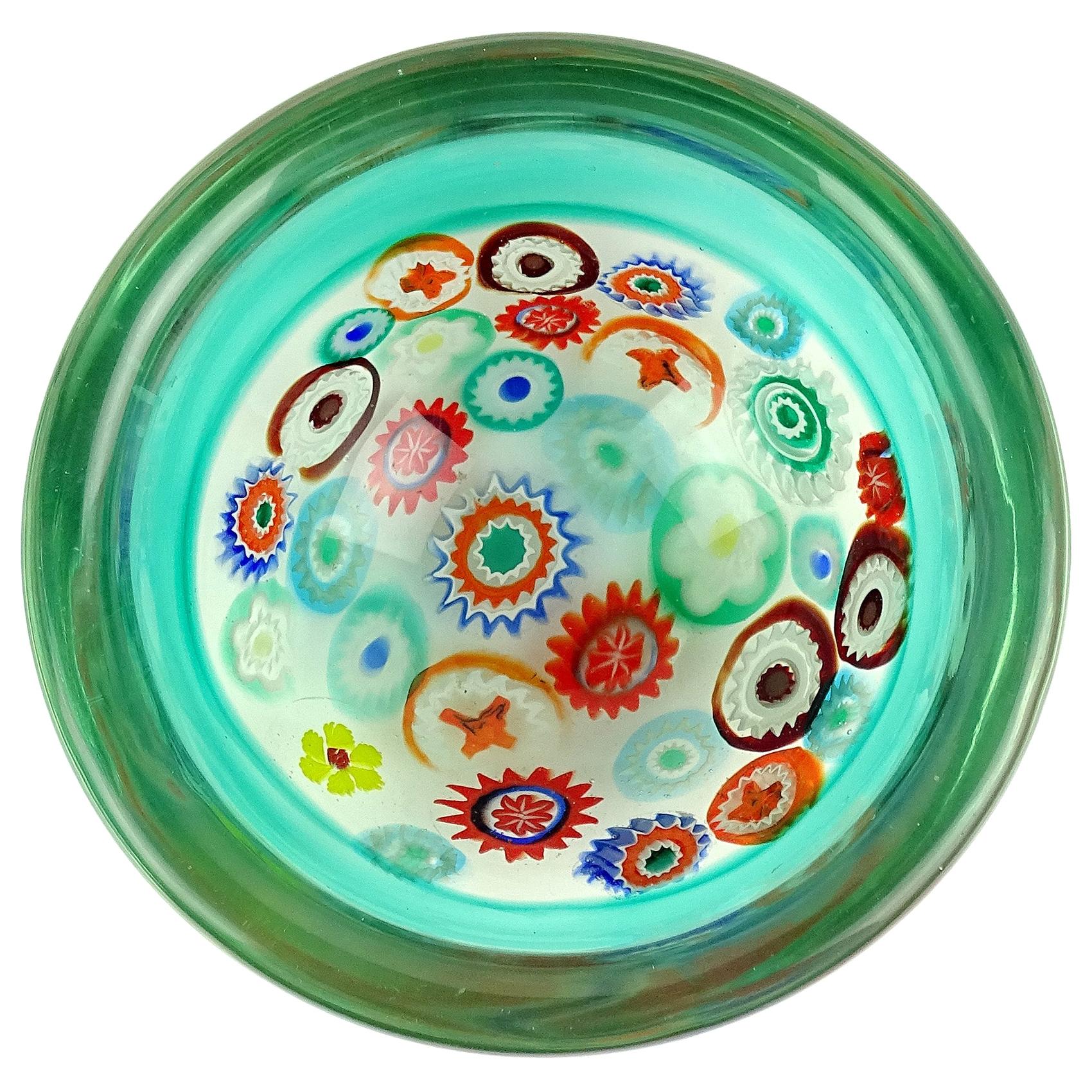 Archimede Seguso Murano Green Millefiori Canes Italian Art Glass Incalmo Bowl