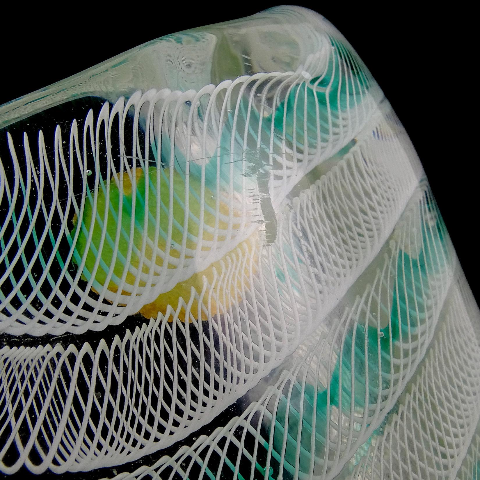 Archimede Seguso Murano Green White Zanfirico Ribbons Italian Art Glass Bowl 1