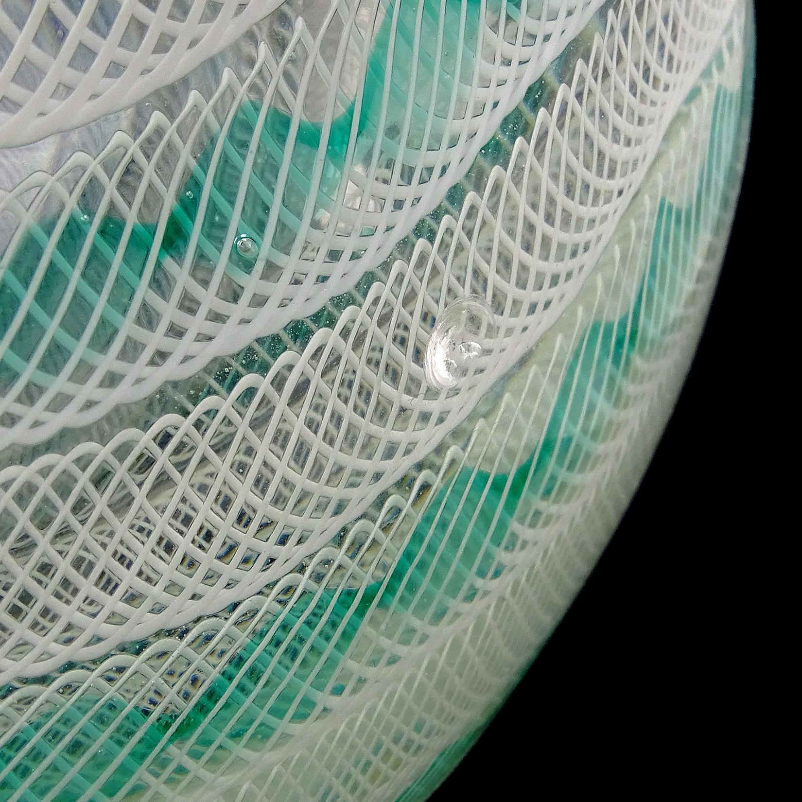 Archimede Seguso Murano Green White Zanfirico Ribbons Italian Art Glass Bowl 2