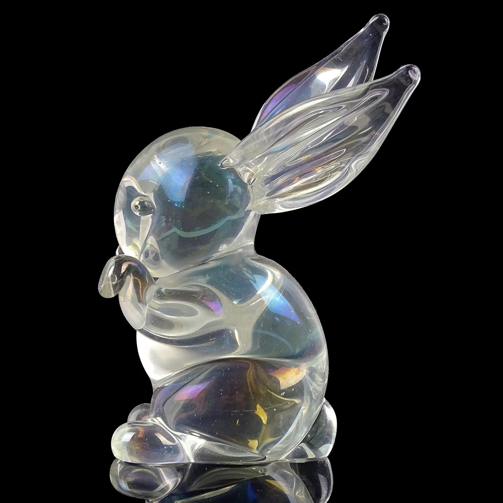 Beautiful and very cute vintage Murano hand blown clear iridescent Italian art glass bunny rabbit sculpture / figurine. Documented to designer Archimede Seguso, with original 