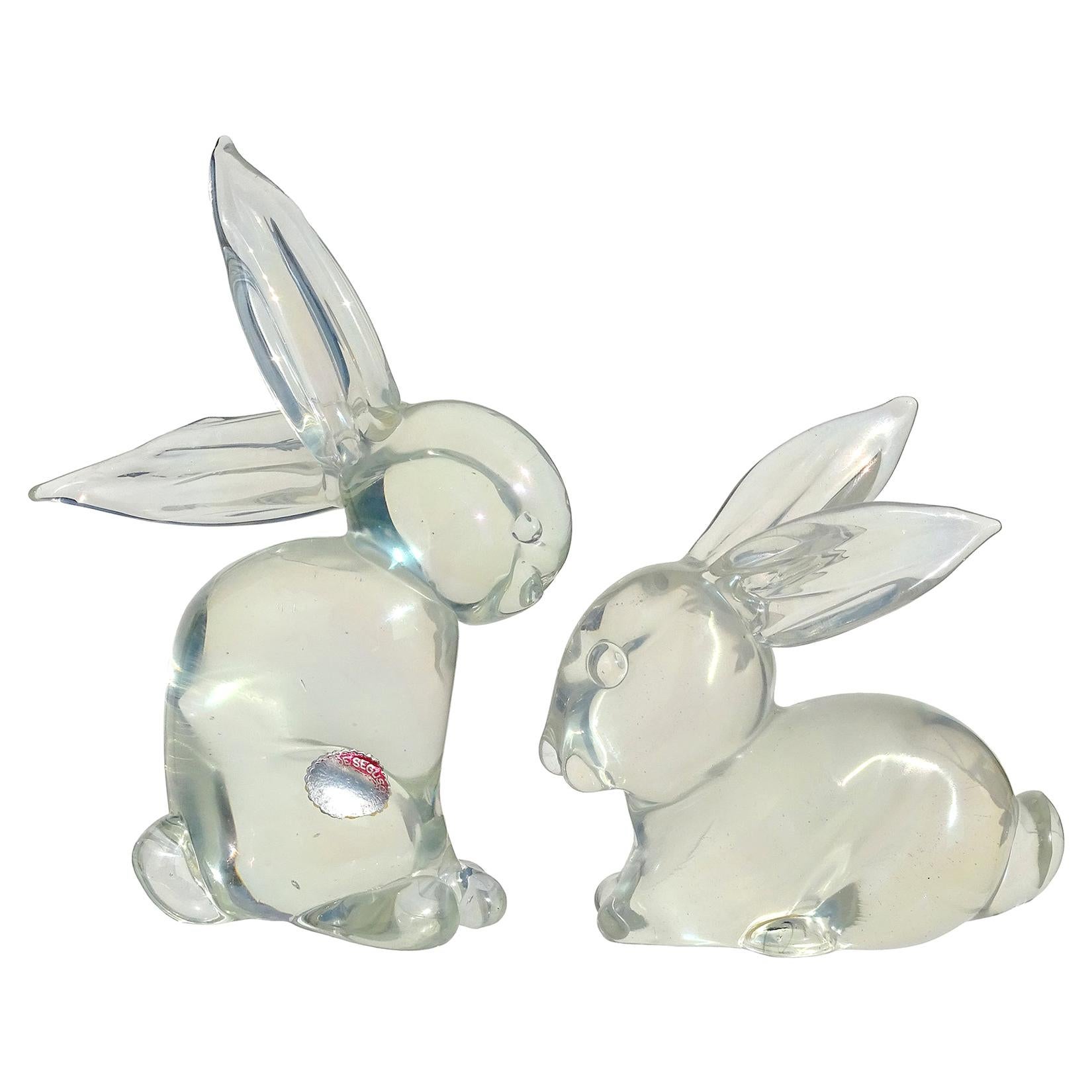 Archimede Seguso Murano Iridescent Italian Art Glass Bunny Rabbit Figurines