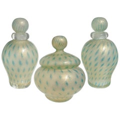 Vintage Seguso 1950s Gold Flecks Murano Italian Art Glass Powder Box Perfumes Vanity Set