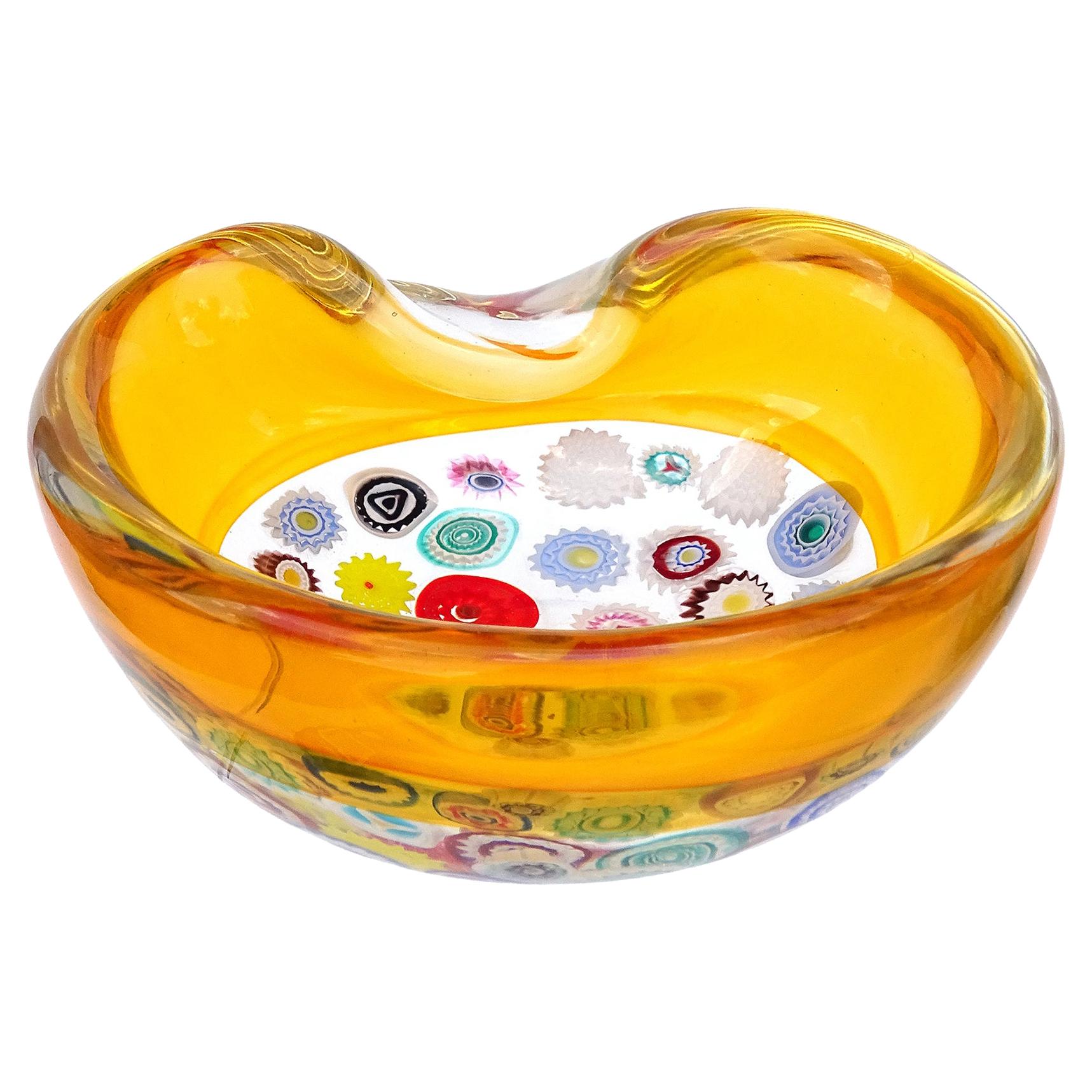 Archimede Seguso Murano Millefiori Canes Italian Art Glass Incalmo Rim Bowl