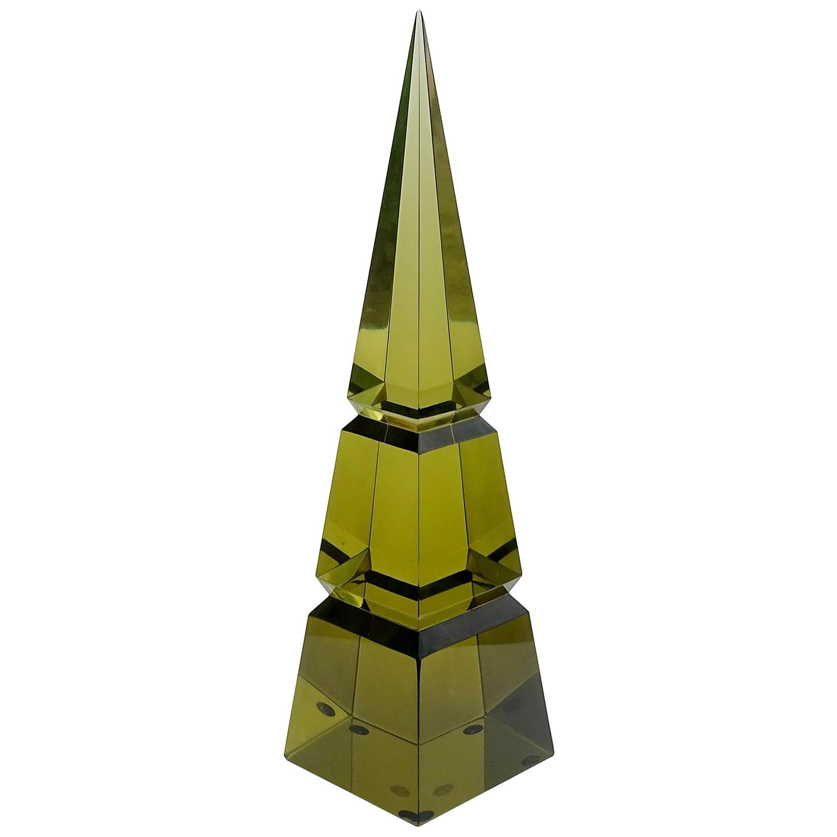 Archimede Seguso Murano Olive Green Italian Art Glass Obelisk Pyramid Sculpture