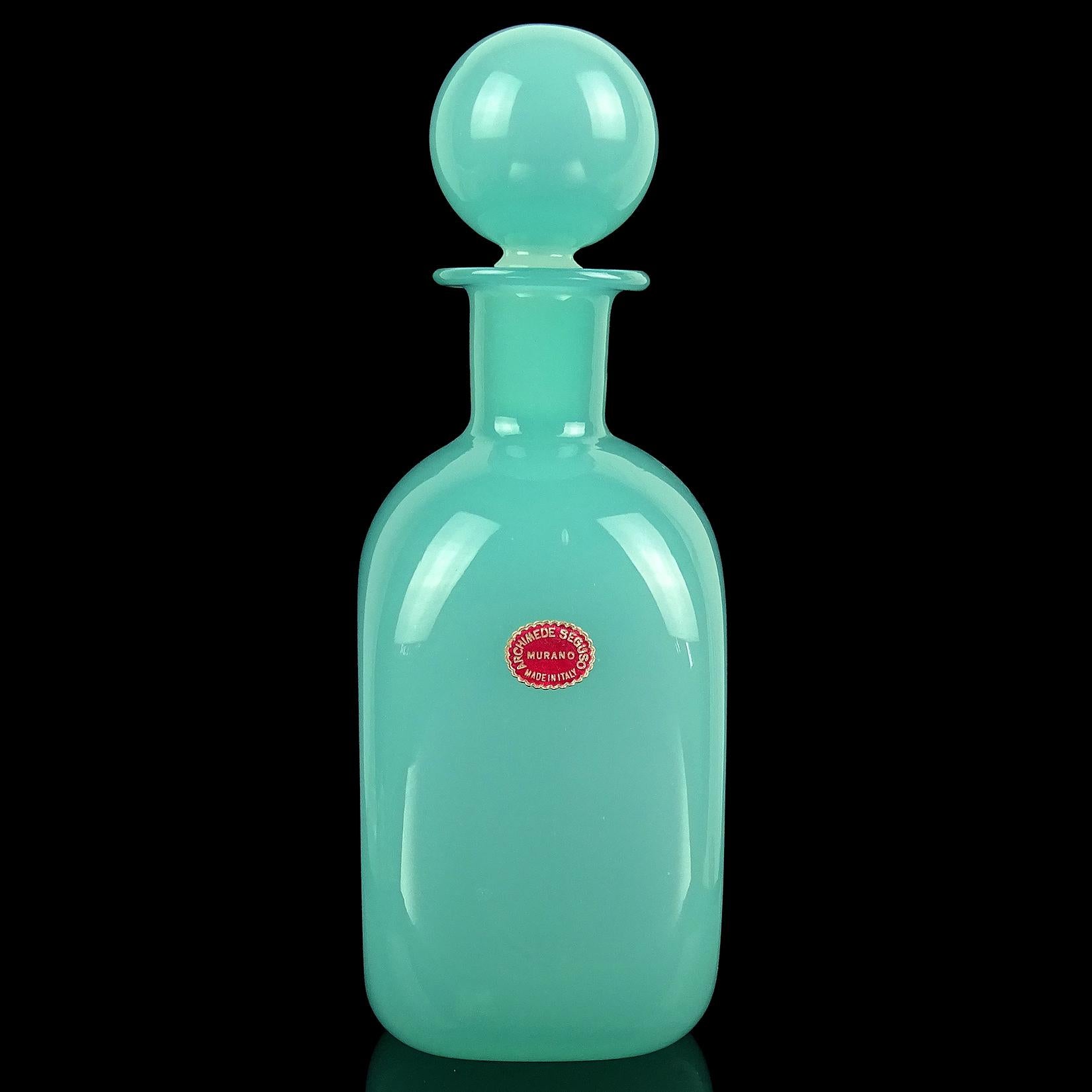 Hand-Crafted Archimede Seguso Murano Opal Alabastro Teal Blue Italian Art Glass Vanity Bottle