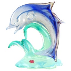 Seguso Murano - Sculpture de dauphin en cuir en verre d'art italien, bleu opale et feuille d'or