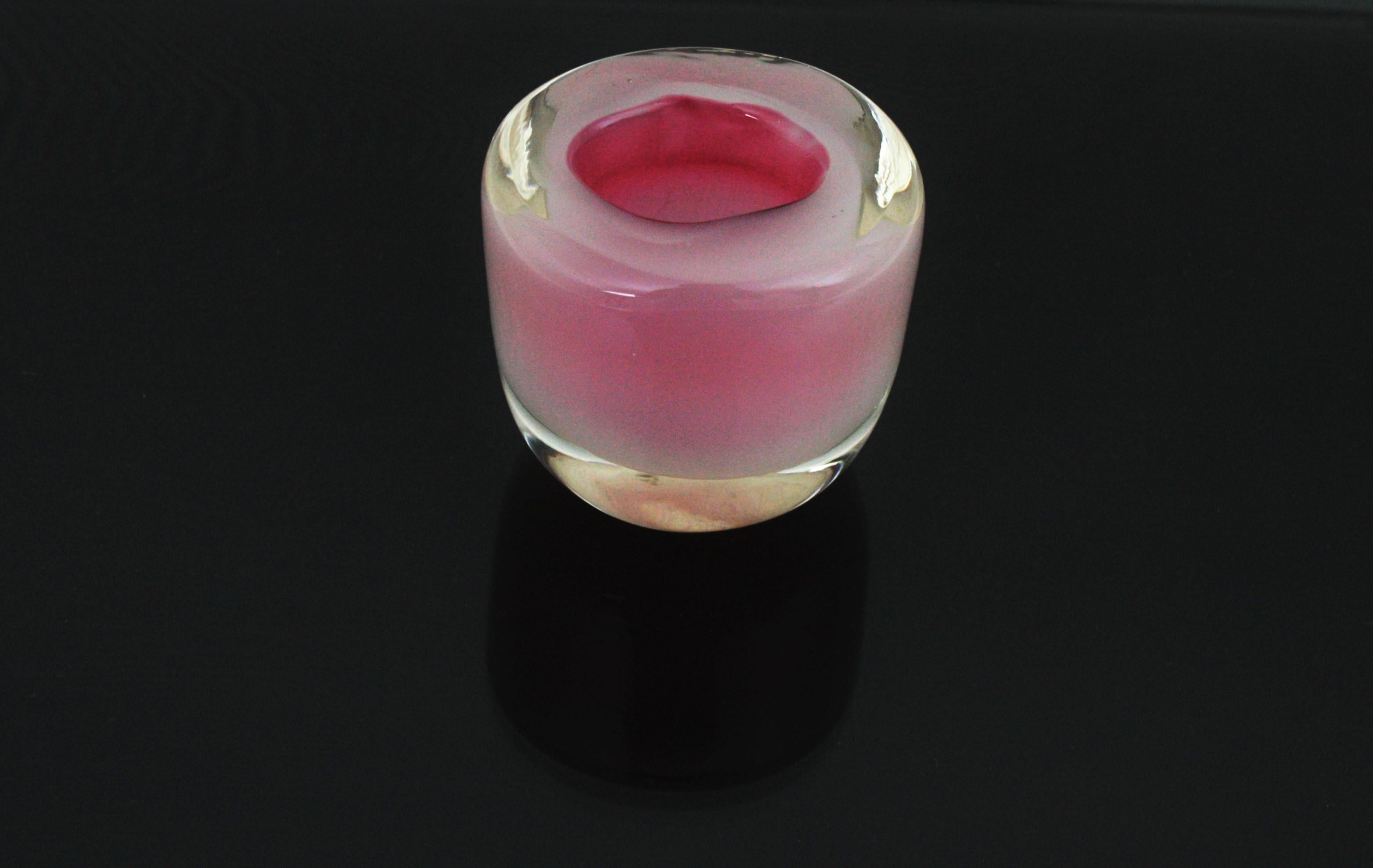 Italian Archimede Seguso Murano Opal Pink Alabastro White Glass Small Geode Bowl or Vase