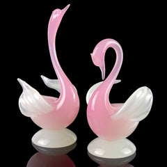 Archimede Seguso Murano Opal Pink White Italian Art Glass Swan Bird Sculptures