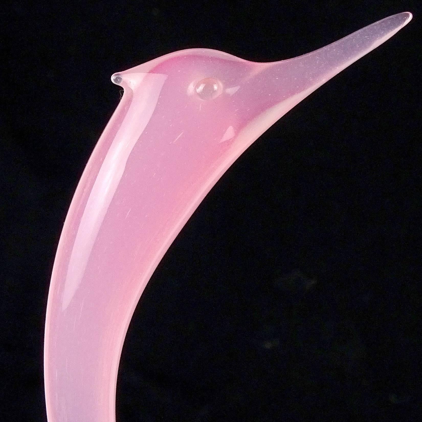 Hand-Crafted Archimede Seguso Murano Opal Pink White Italian Art Glass Swan Bird Sculptures