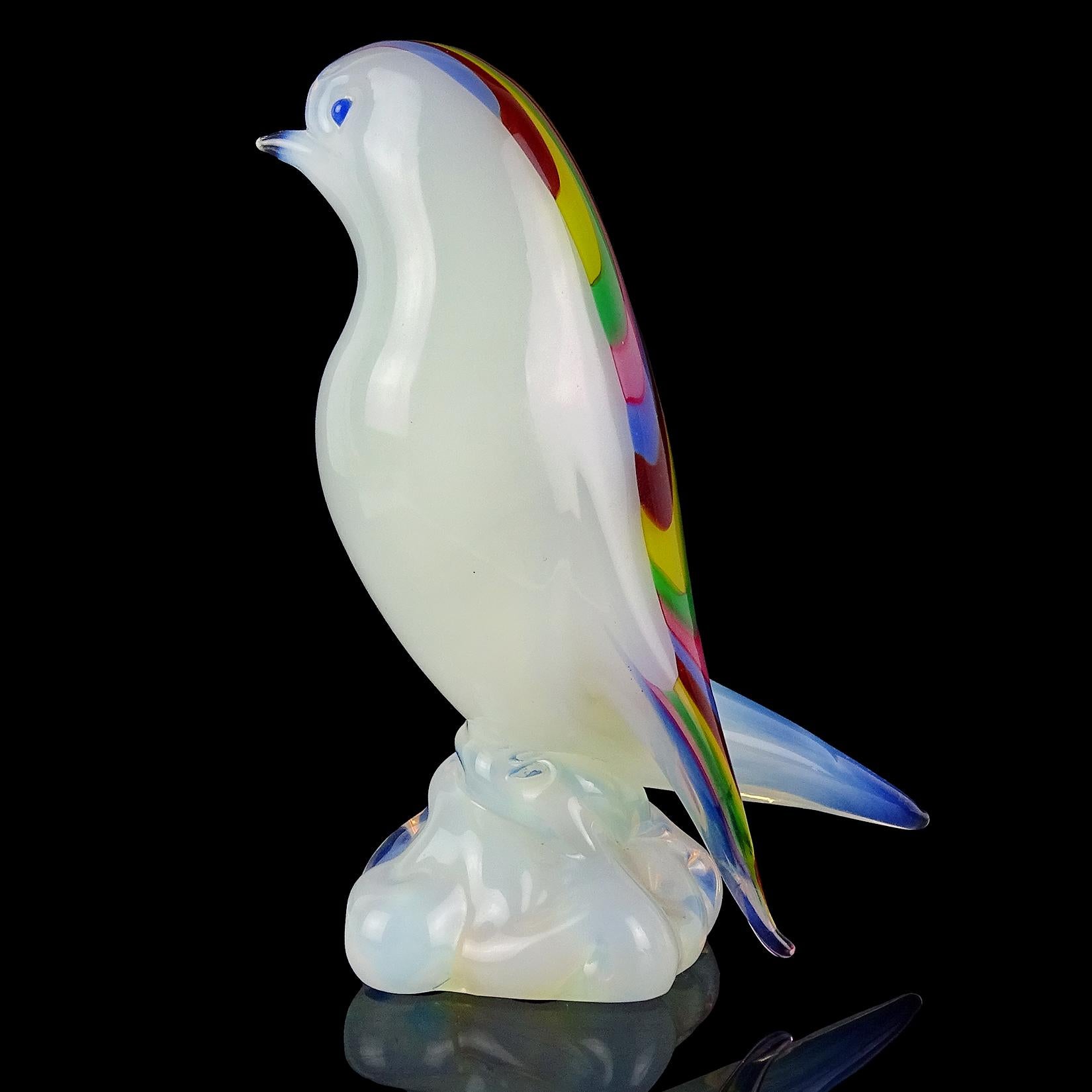 Hand-Crafted Archimede Seguso Murano Opal Rainbow Feathers Italian Art Glass Bird Figurine