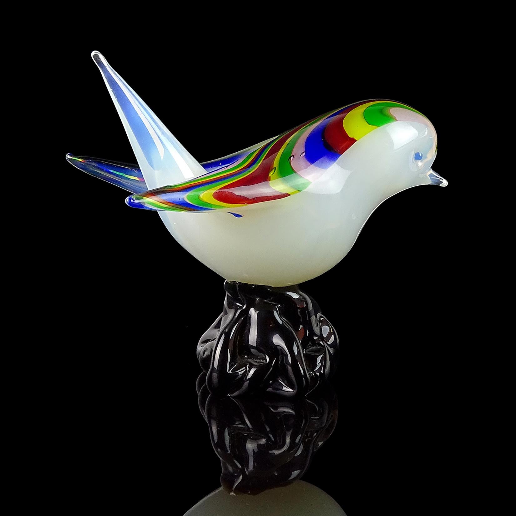 Hand-Crafted Archimede Seguso Murano Opal Rainbow Feathers Italian Art Glass Bird Figurines 