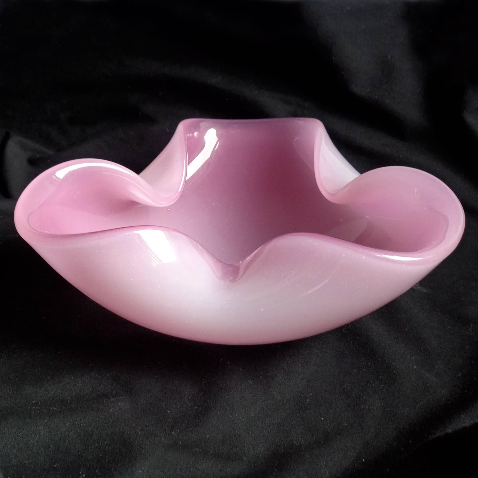 Mid-Century Modern Archimede Seguso Murano Opalescent Pink Italian Art Glass Folded Rim Bowl