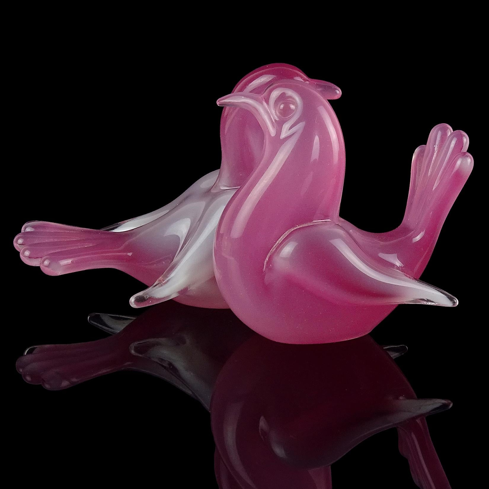 Beautiful vintage Murano hand blown opalescent pink with white Italian art glass love birds sculpture. Documented to designer Archimede Seguso. Partial 