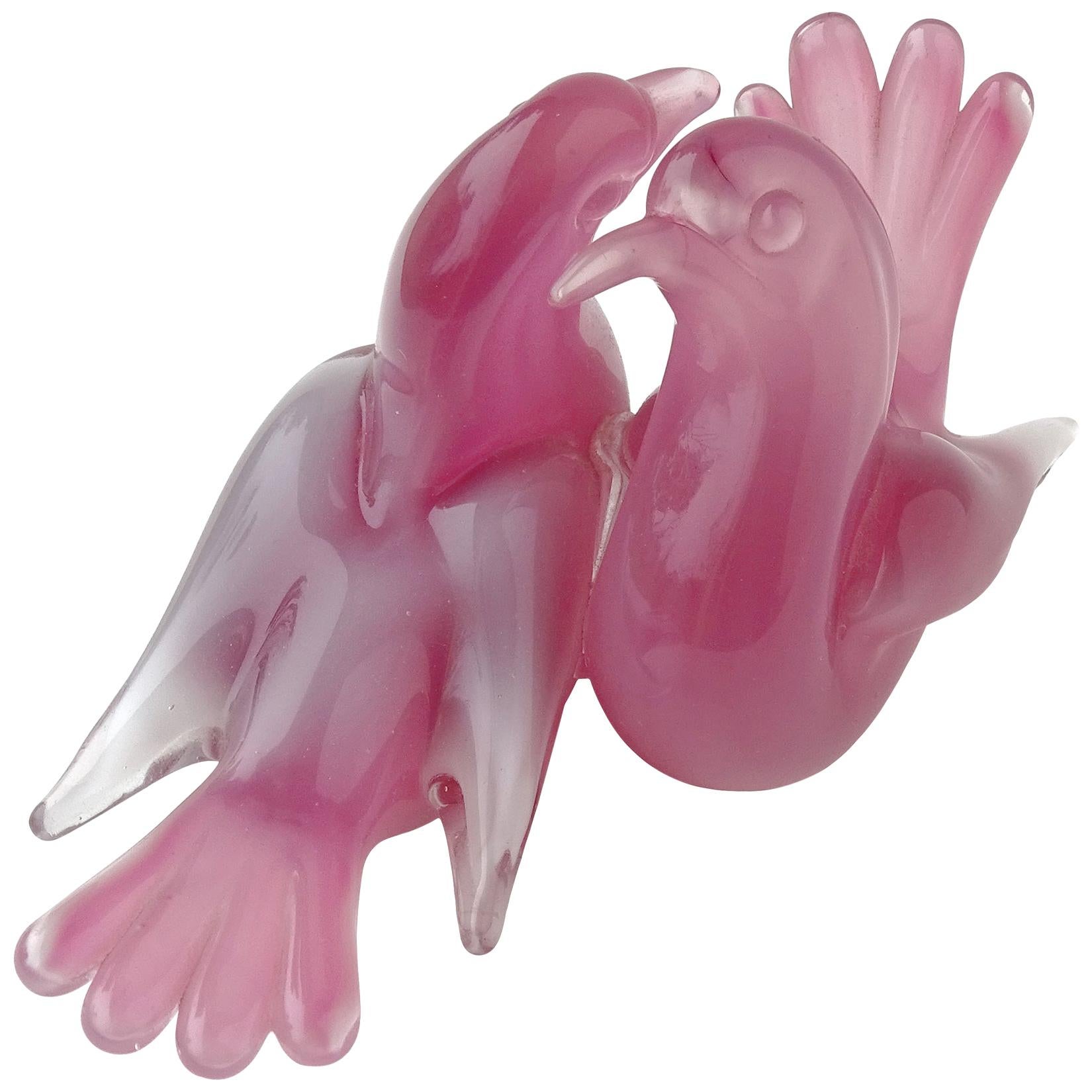 Archimede Seguso Murano Opalescent Pink Italian Art Glass Love Birds Figurine