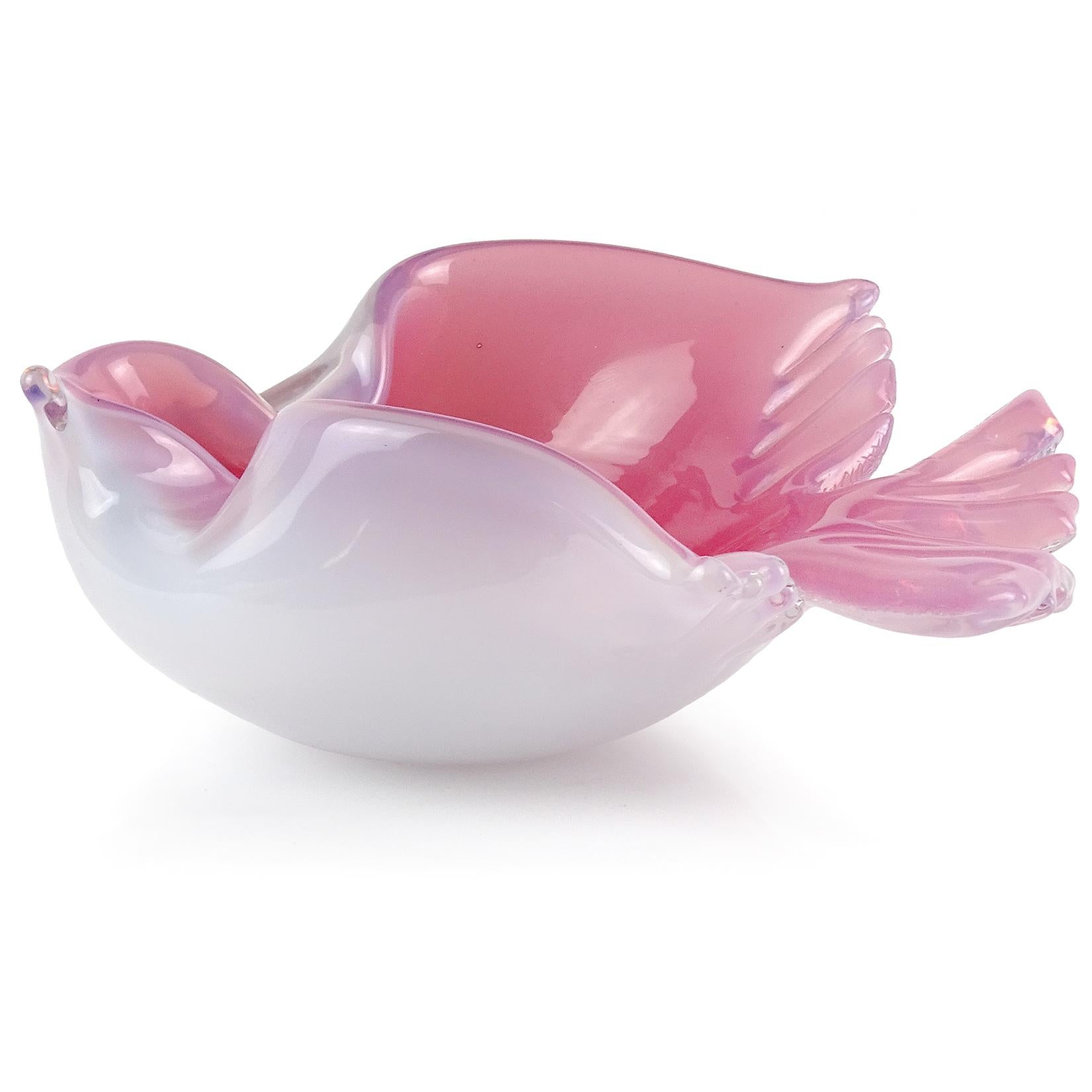 Beautiful Murano hand blown pink and white opalescent Italian art glass flying bird shaped ring dish / bowl. Attributed to designer Archimede Seguso, in the 