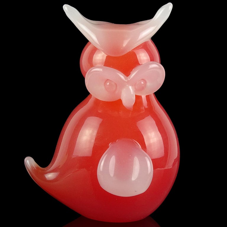 Beautiful vintage Murano hand blown red orange and white opalescent Italian art glass baby horned owl bird. Documented to designer Archimede Seguso, in the 
