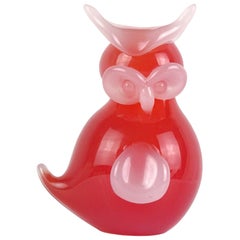 Archimede Seguso Murano Opalescent Red Orange White Italian Art Glass Owl Bird