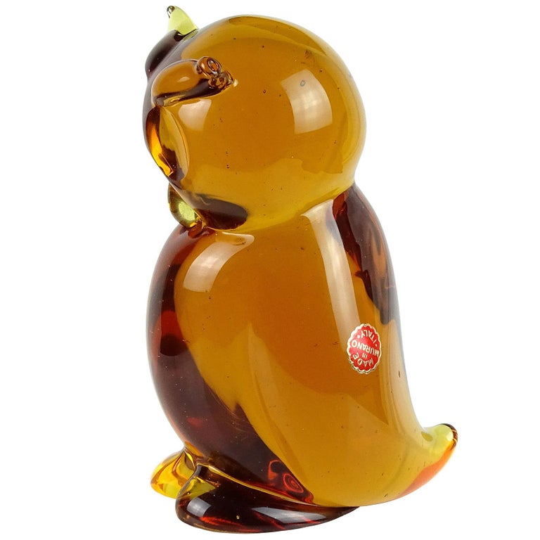 Archimede Seguso Murano Orange Amber Italian Art Glass Owl Bird