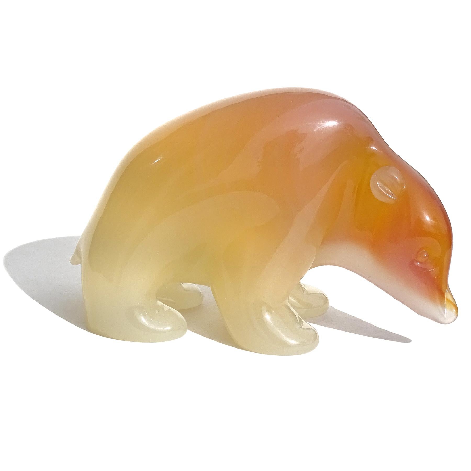 20th Century Archimede Seguso Murano Orange White Opalescent Italian Art Glass Bear Sculpture For Sale