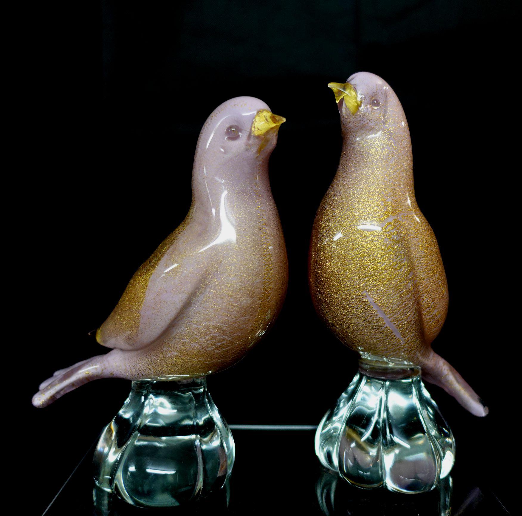 Hand-Crafted Archimede Seguso Murano Pink Gold Flecks Italian Art Glass Dove Birds, #R00005 For Sale