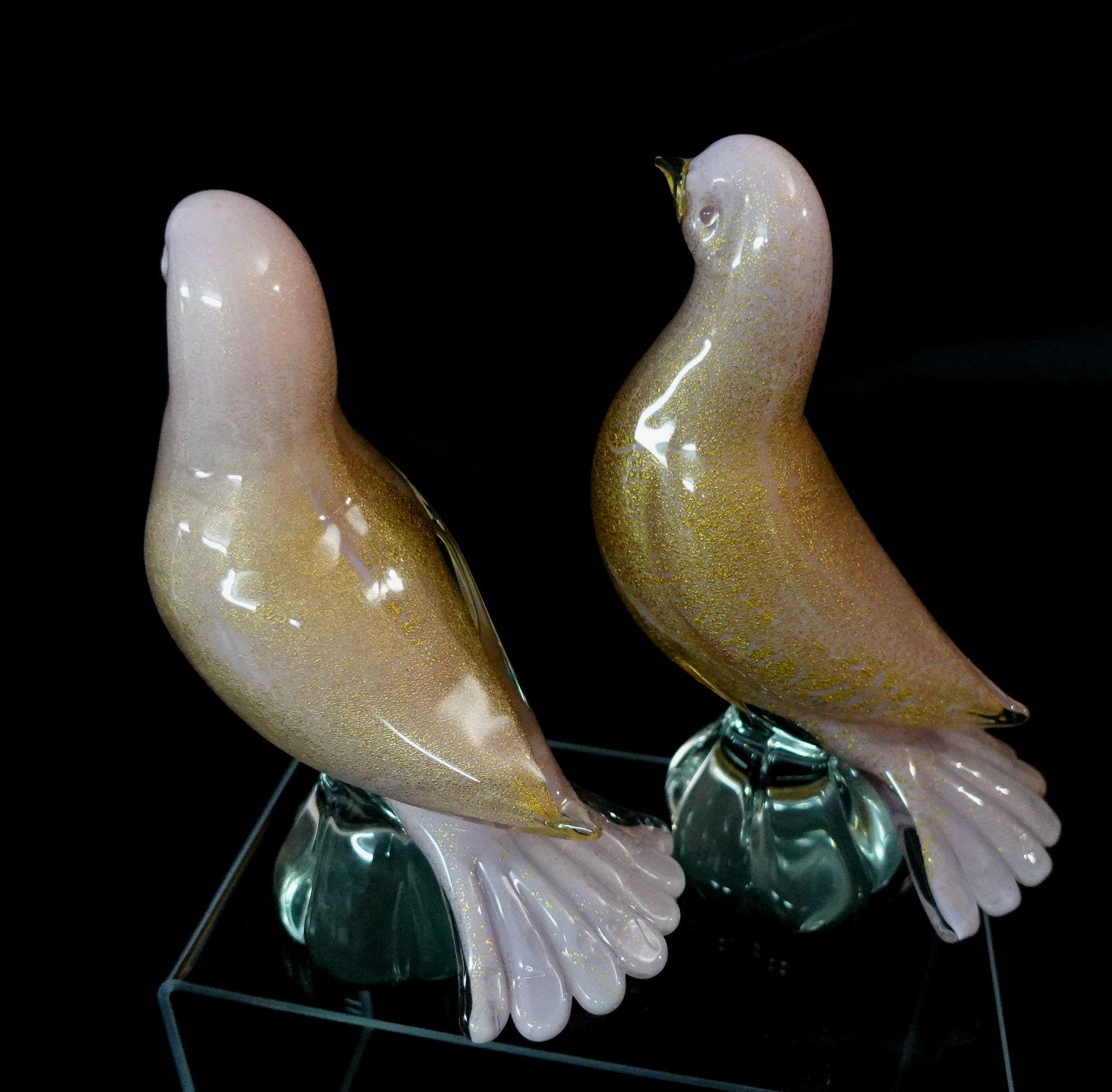 20th Century Archimede Seguso Murano Pink Gold Flecks Italian Art Glass Dove Birds, #R00005 For Sale