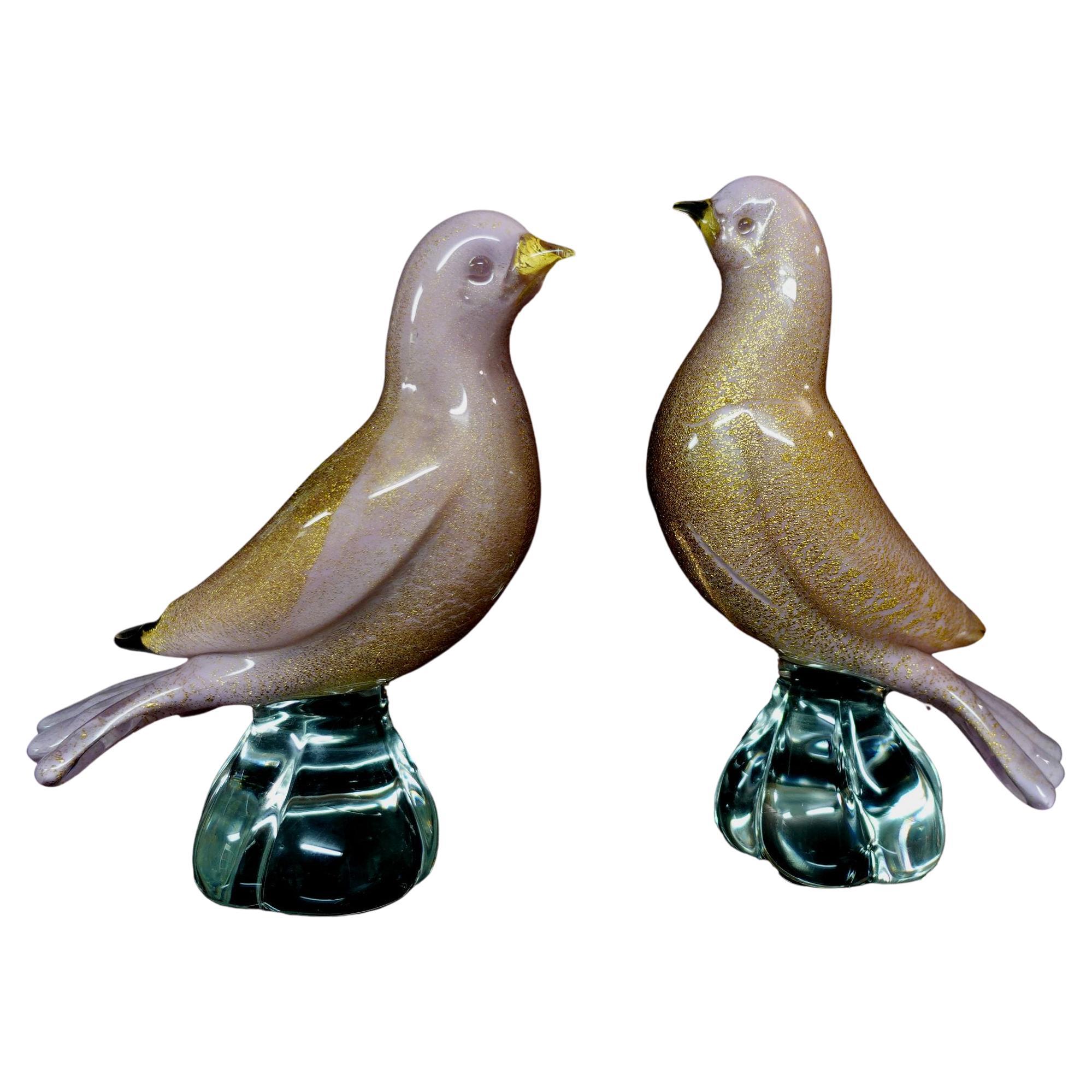 Archimede Seguso Murano, oiseaux colombes en verre d'art italien rose moucheté d'or, #R00005