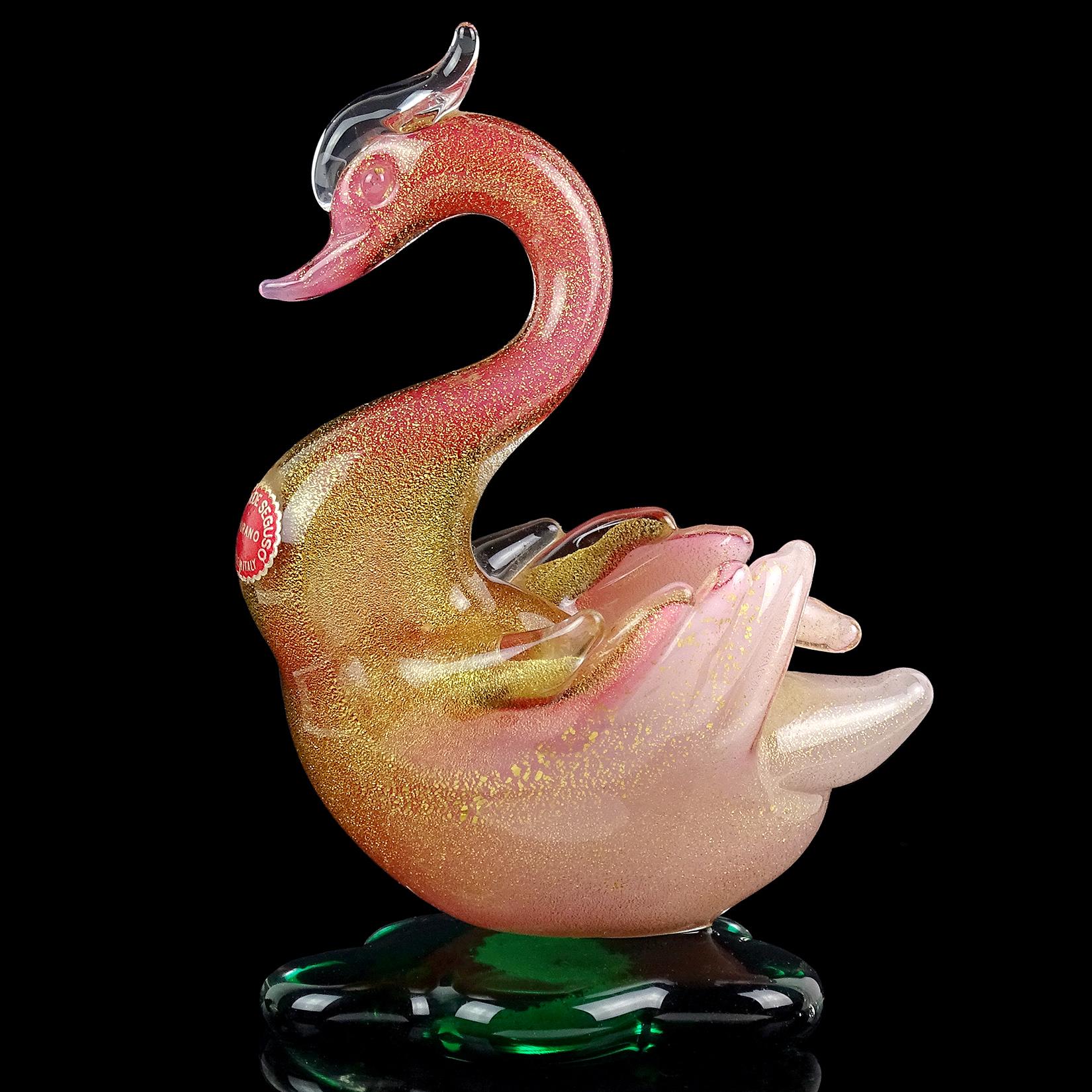 Beautiful vintage Murano hand blown dark pink to opal white, and gold flecks Italian art glass swan sculpture / figurine. Documented to designer Archimede Seguso, with original 