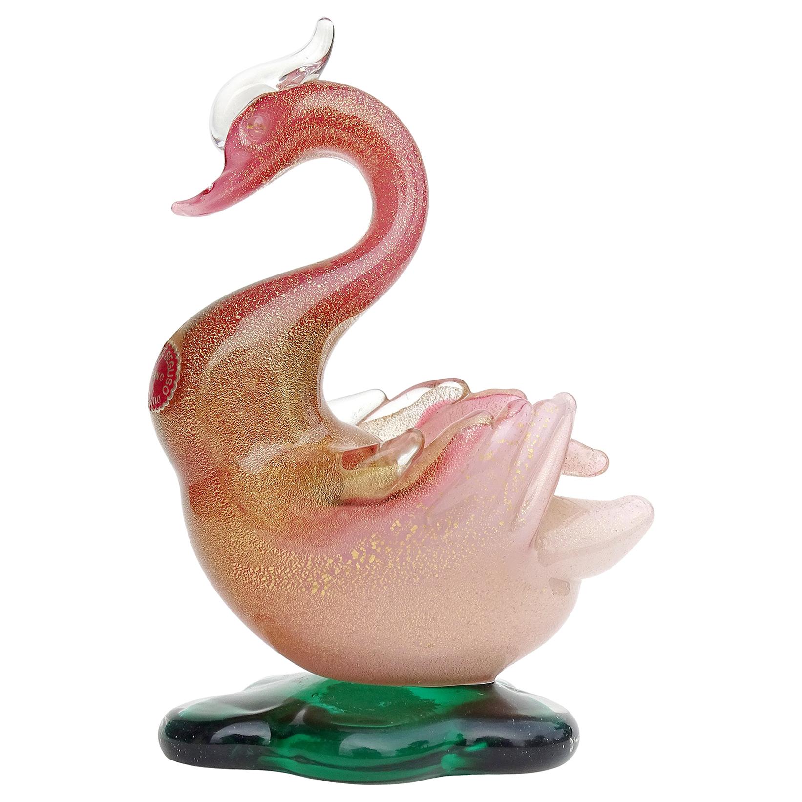 Archimede Seguso - Sculpture d'oiseau cygne en verre d'art italien de Murano en or rose et blanc