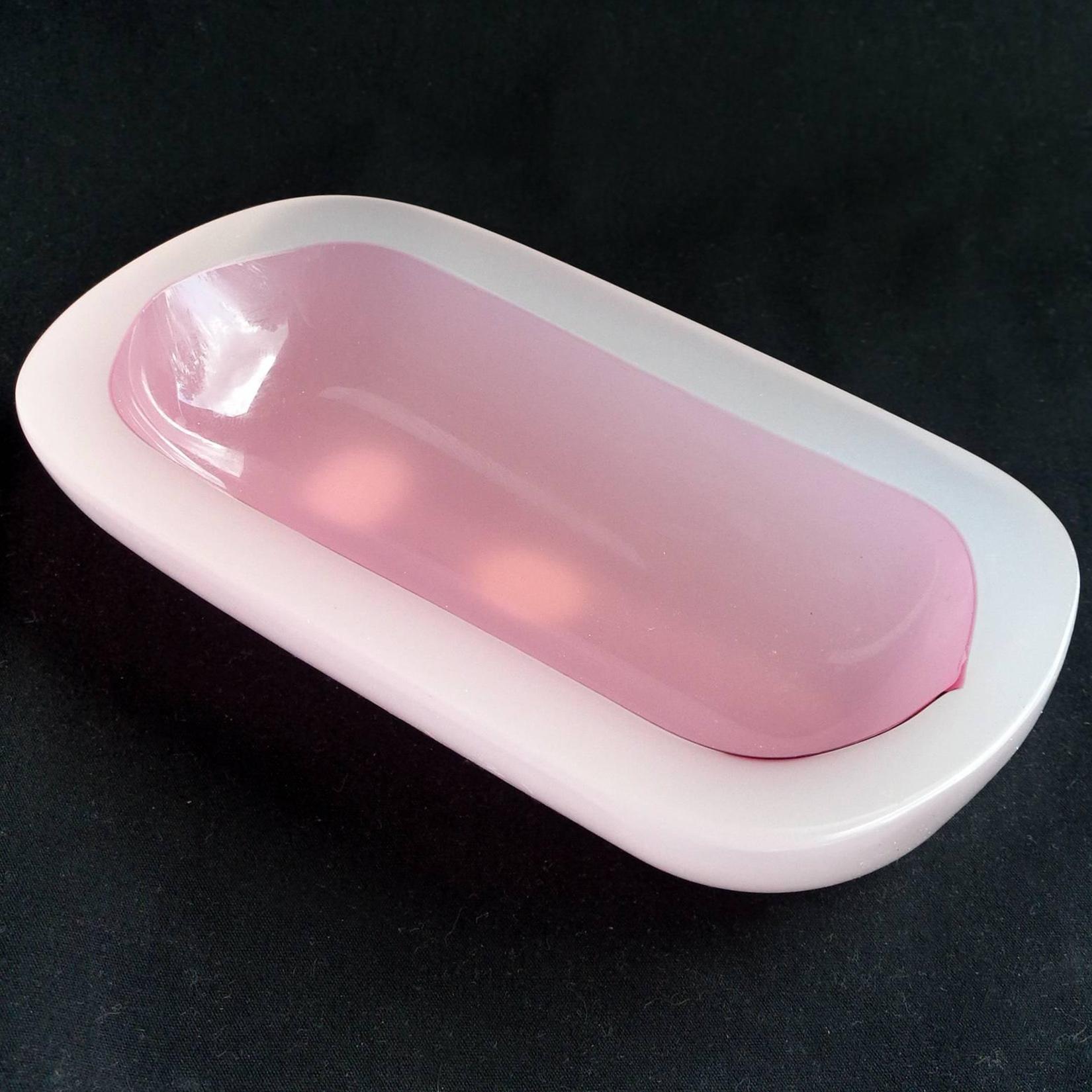 Beautiful Murano handblown white opalescent and pink Italian art glass dish. Documented to designer Archimede Seguso, in the 