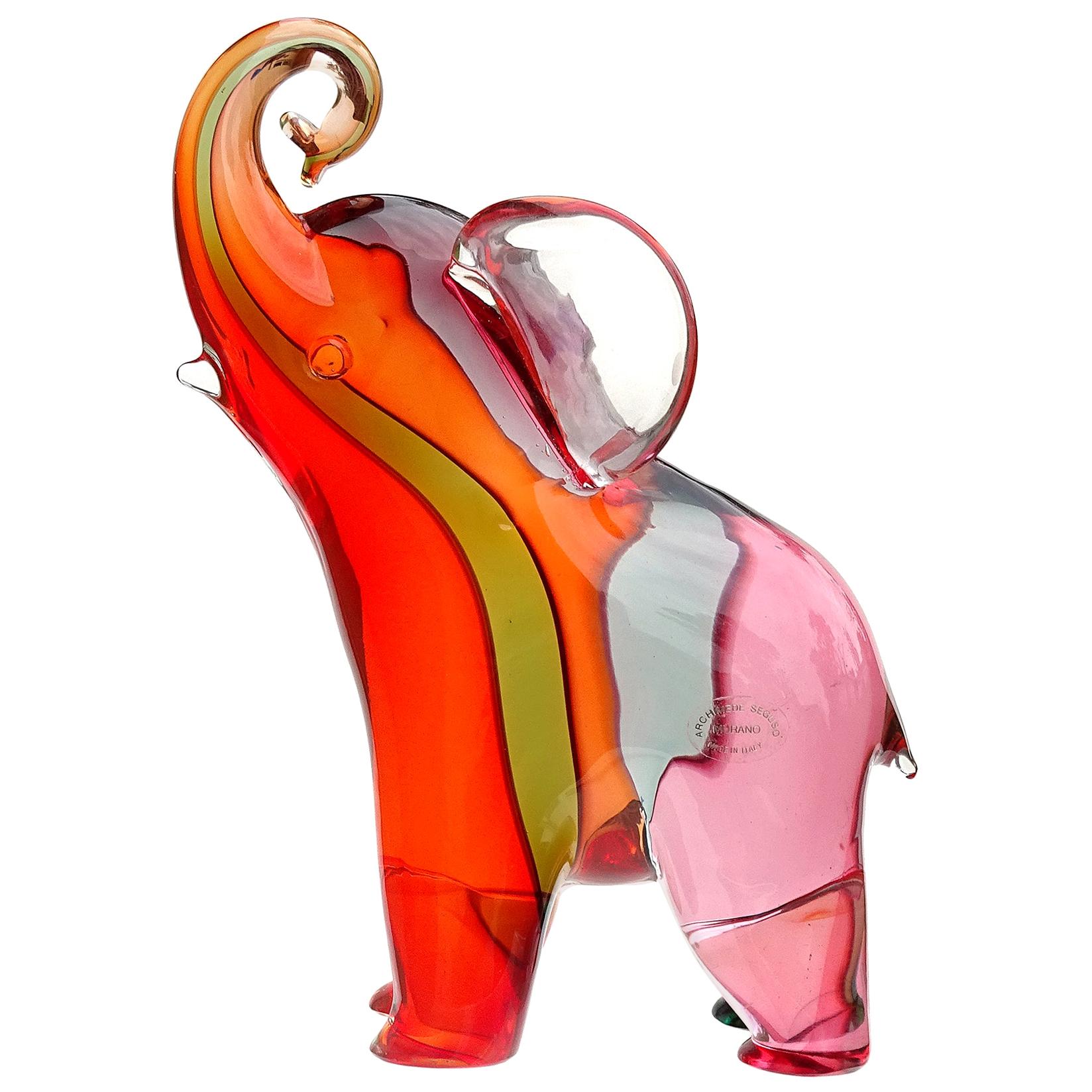 Archimede Seguso Murano Rainbow Colors Italian Art Glass Elephant Sculpture