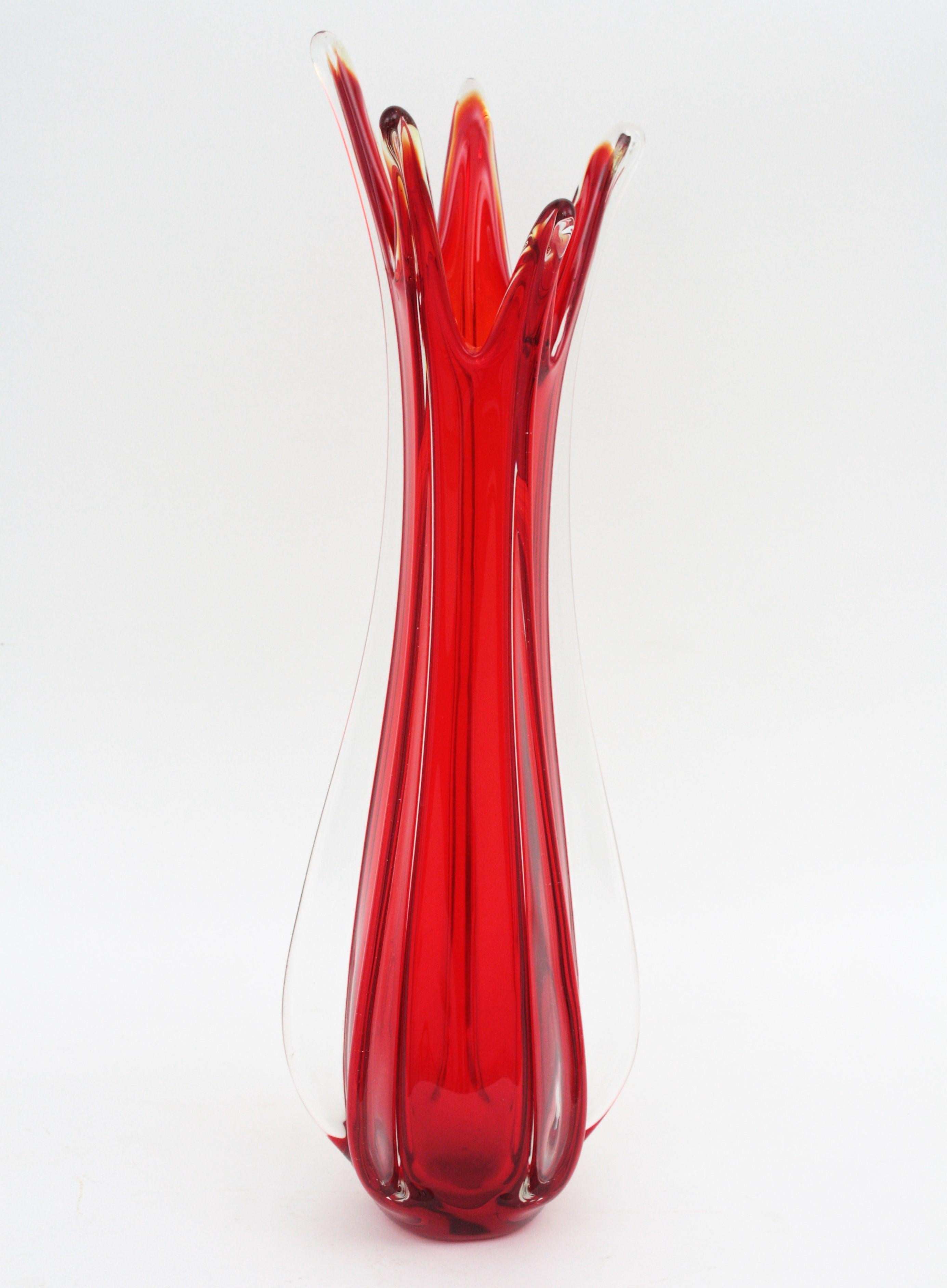 Mid-Century Modern Archimede Seguso Murano Red and Clear Glass Large Scale Vase, 1950s