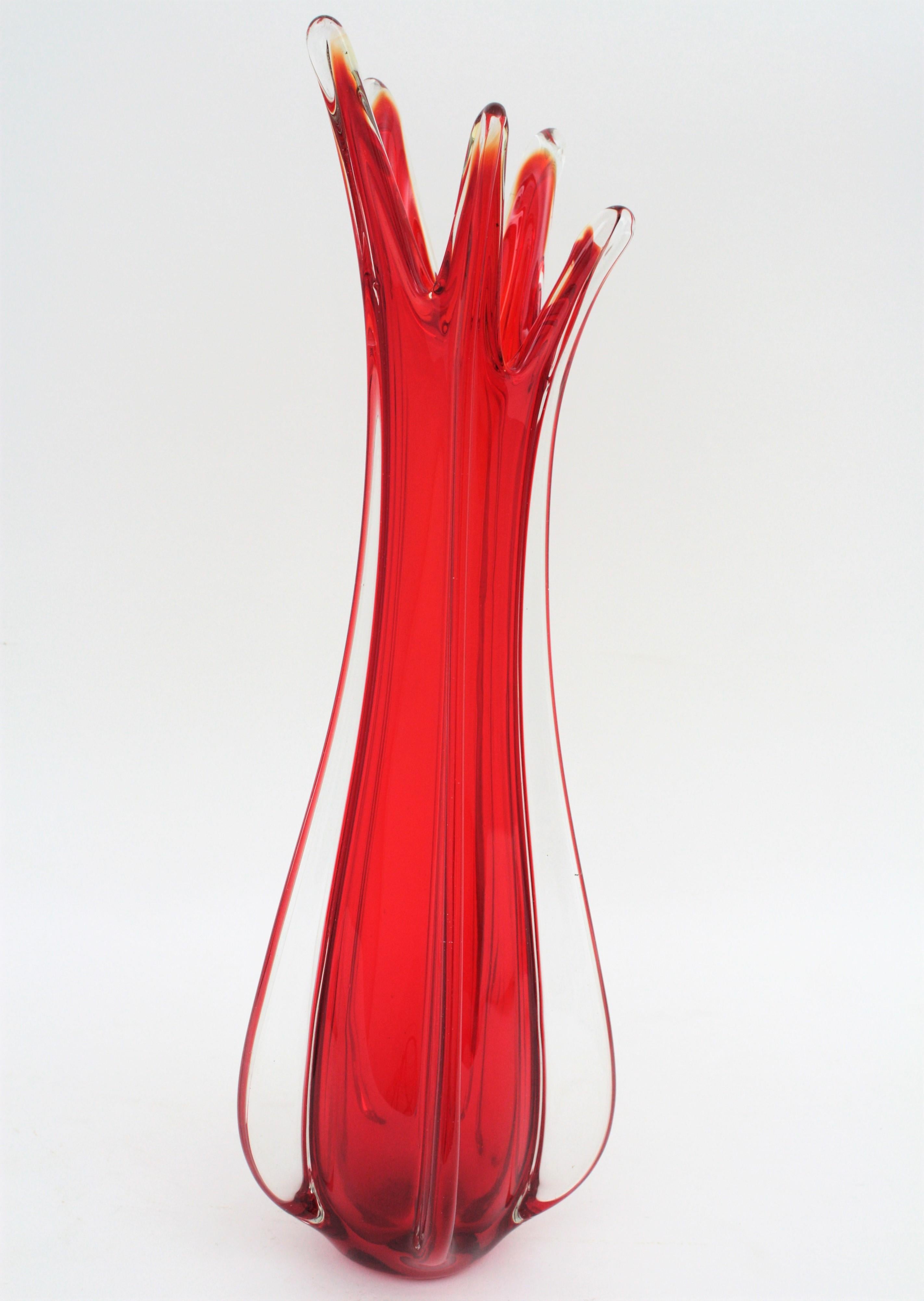 Italian Archimede Seguso Murano Red and Clear Glass Large Scale Vase, 1950s