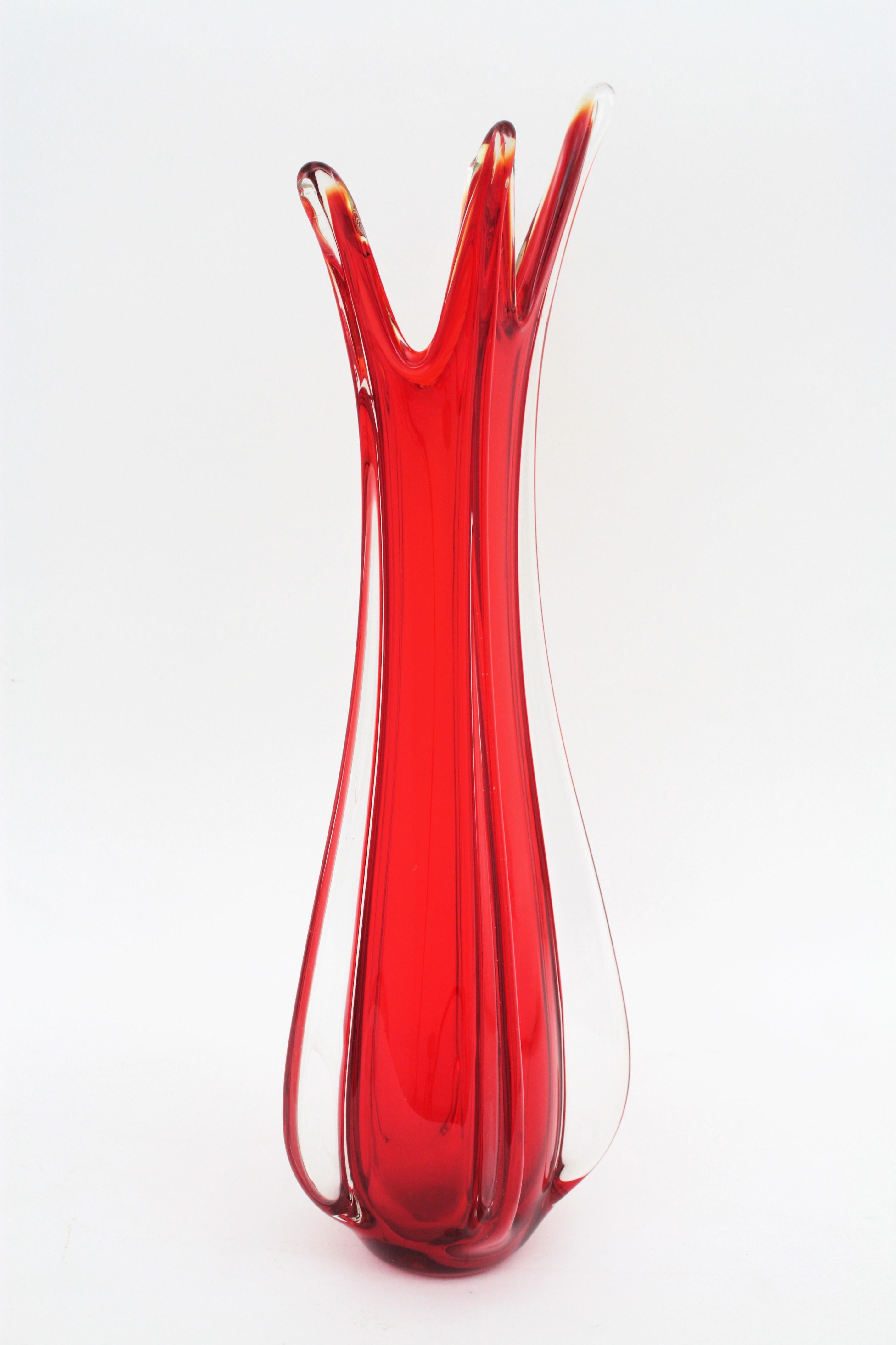 20th Century Archimede Seguso Murano Red and Clear Glass Large Scale Vase, 1950s