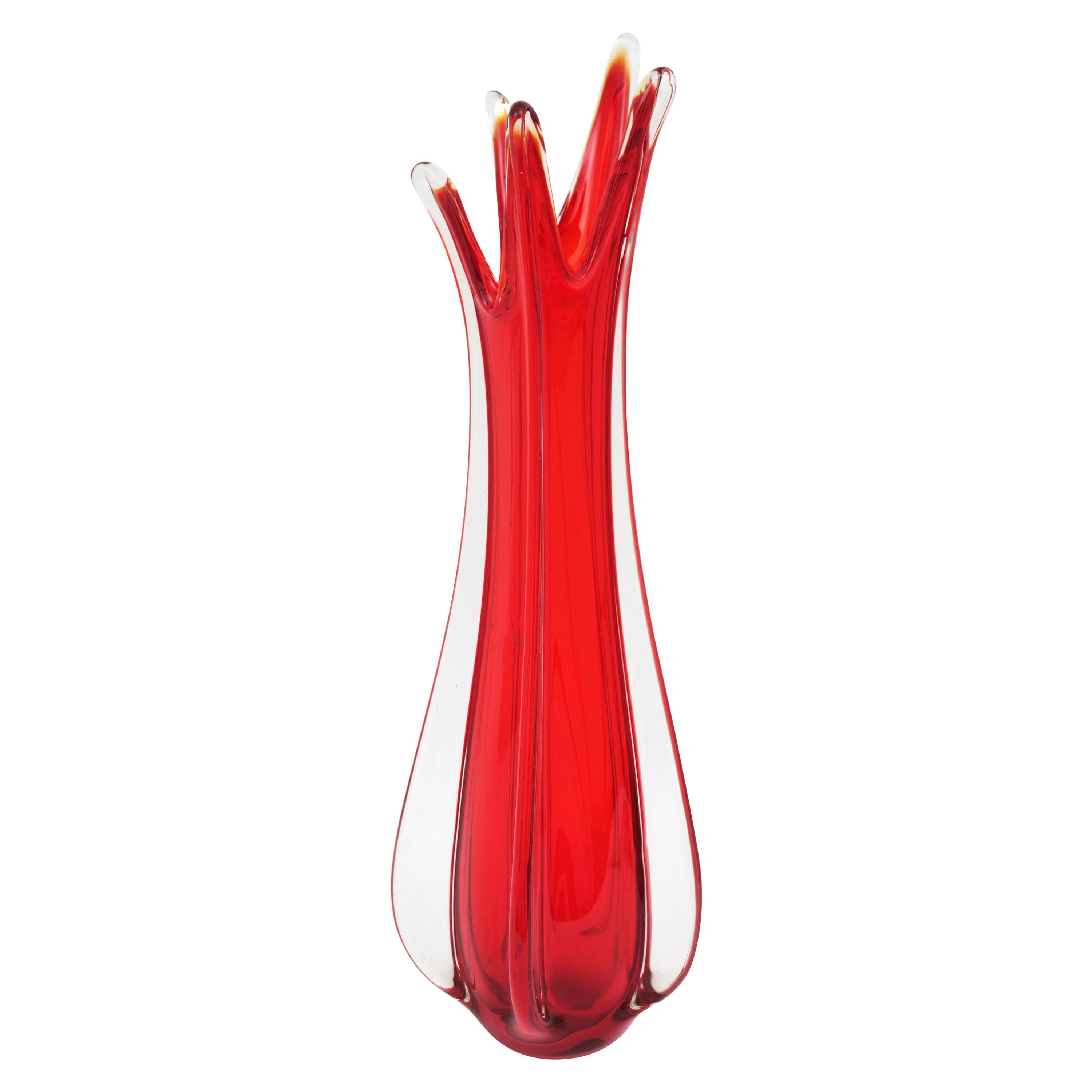 Archimede Seguso Murano Red and Clear Glass Large Scale Vase, 1950s
