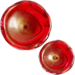 Archimede Seguso Murano Red and Gold Italian Art Glass Decorative Bowl Set