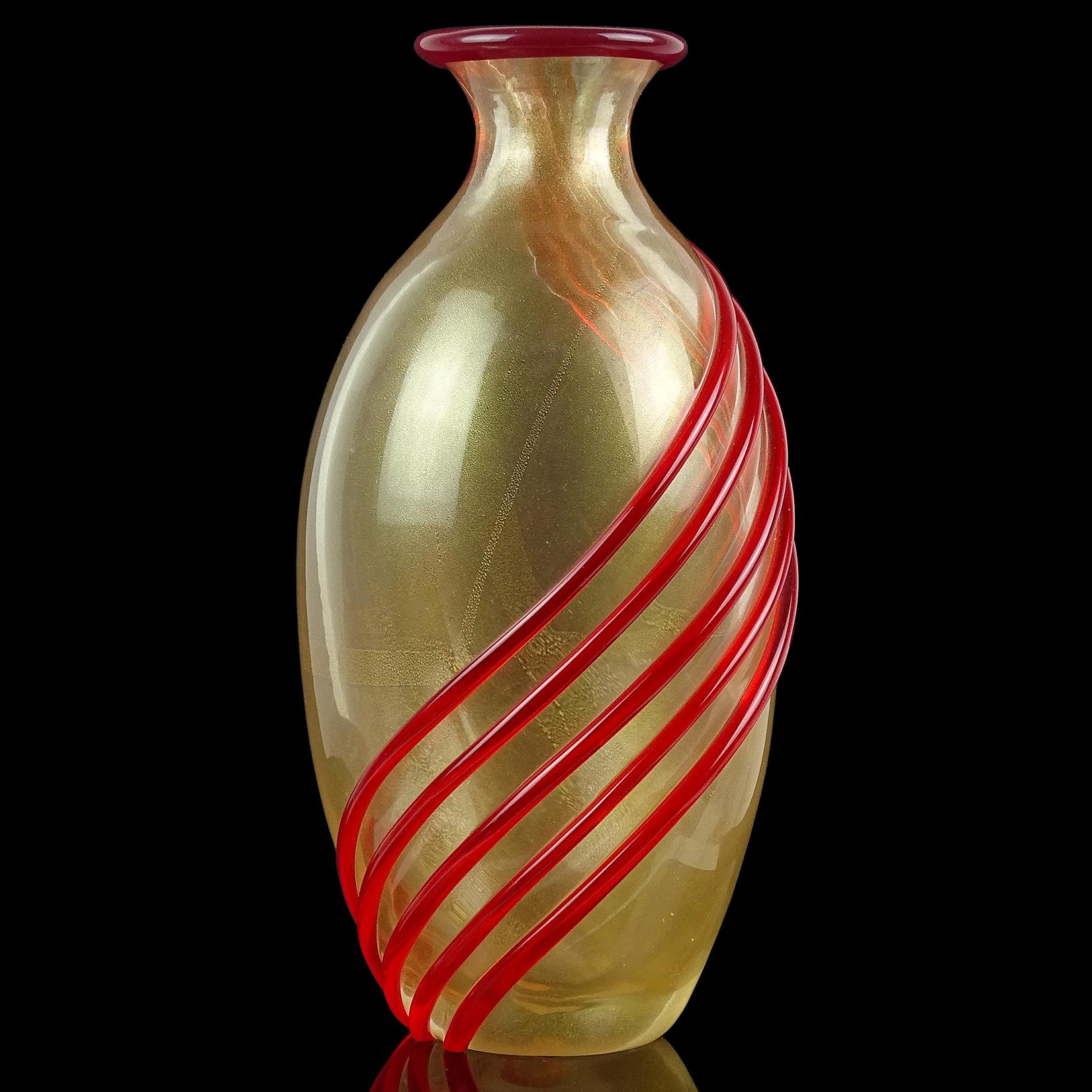 Mid-Century Modern Archimede Seguso Murano, vase à fleurs en verre d'art italien à bandes rouges et mouchetures dorées en vente